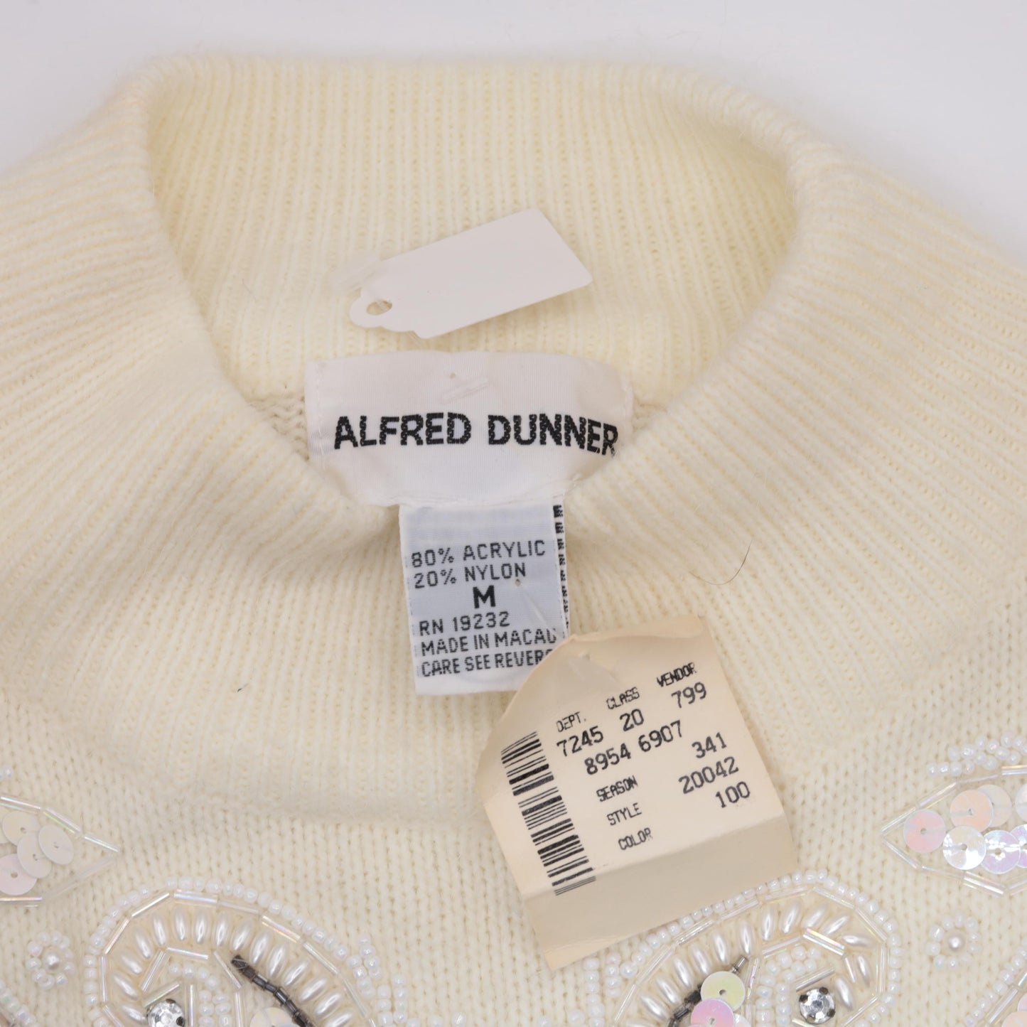90s Alfred Dunner Sequin Beaded Sweater Cream Geometric Mock Neck Medium