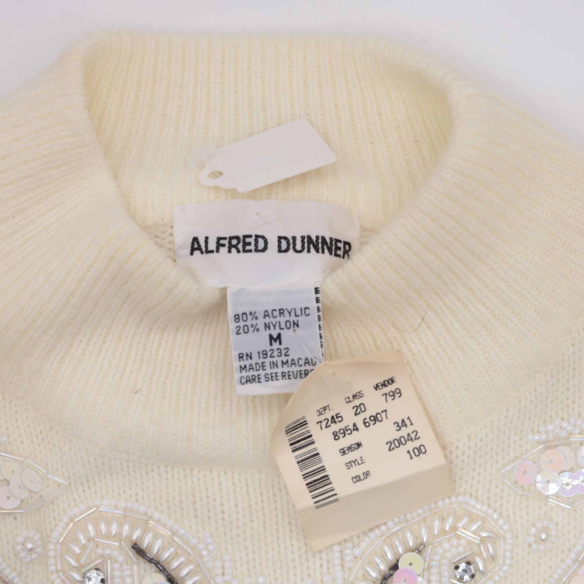 90s Alfred Dunner Sequin Beaded Sweater Cream Geometric Mock Neck Medium