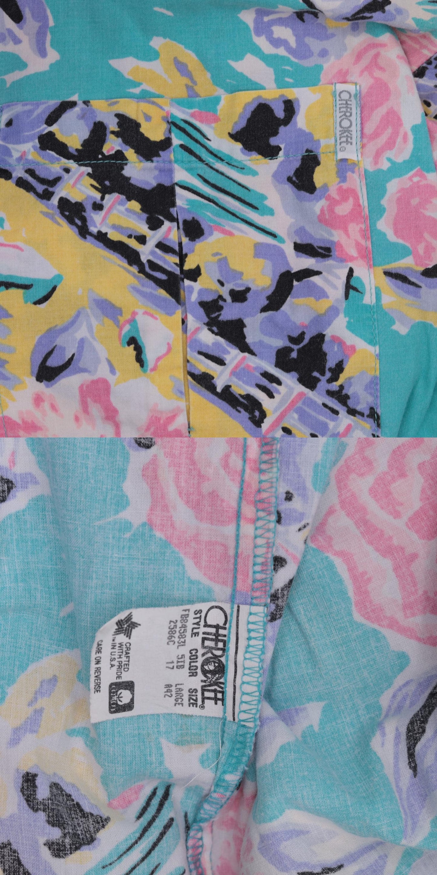 90s Cherokee Turquoise Floral Abstract Button-Up Blouse Short Sleeve Medium