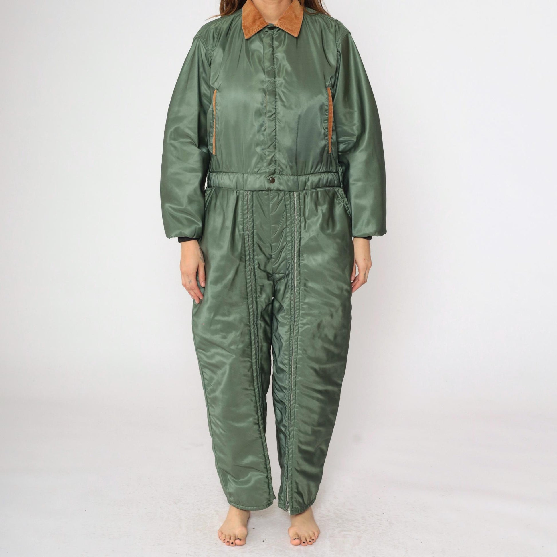 80s Green Nylon Ski Suit Brown Corduroy Collar Quilted Snowsuit Medium