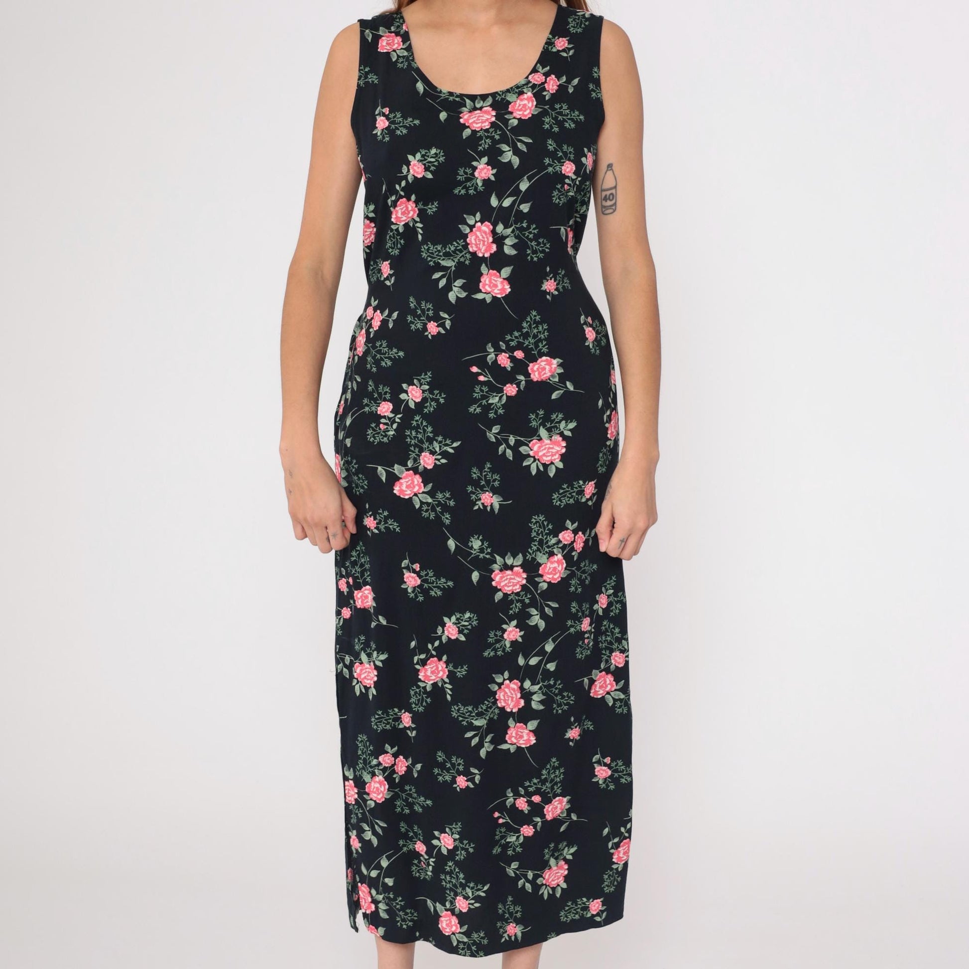 90s Kathie Lee Black Floral Midi Dress Pink Flower Print Sleeveless Medium