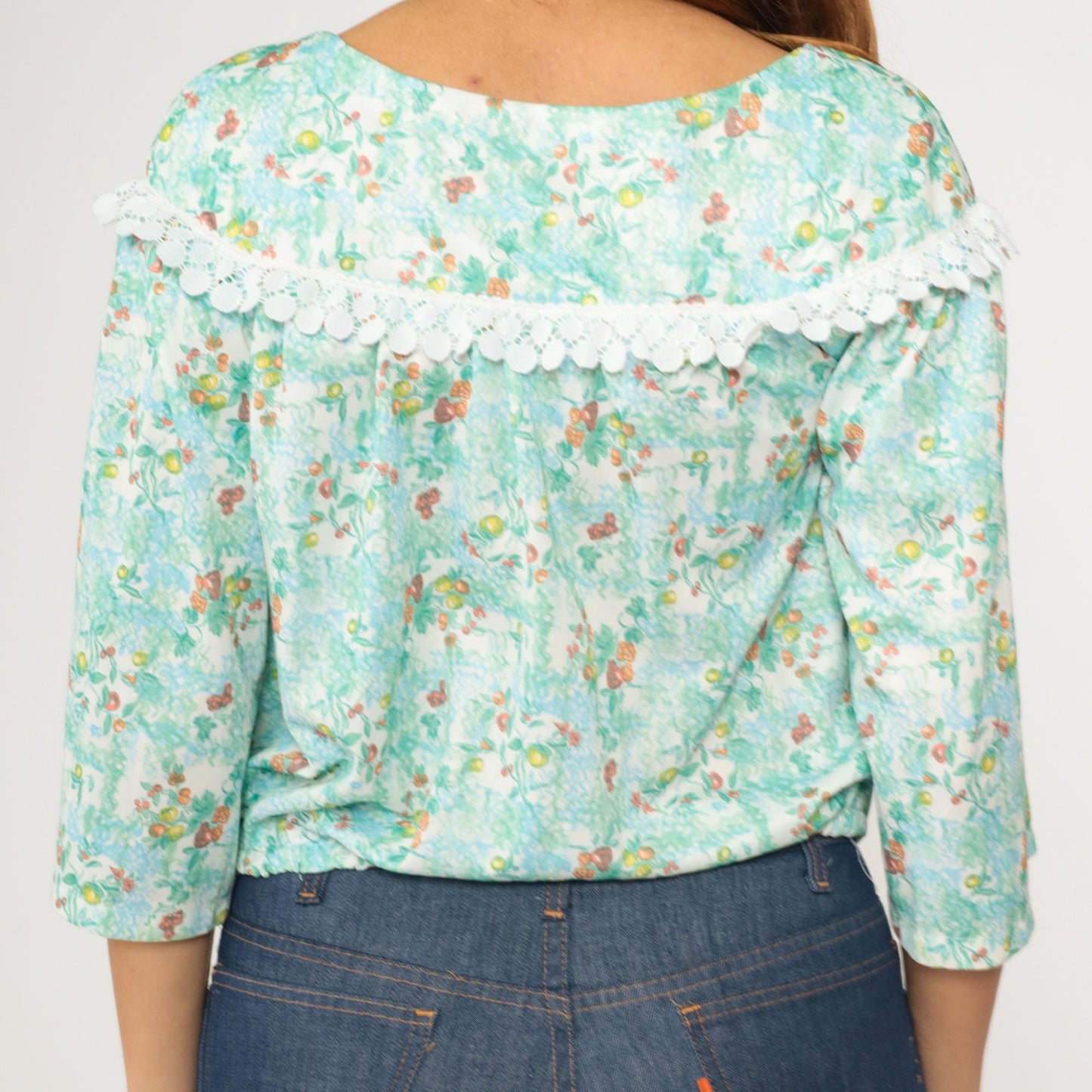 70s Peasant Blouse Fruit Print Crop Top Blue Green 3/4 Sleeve Extra Small
