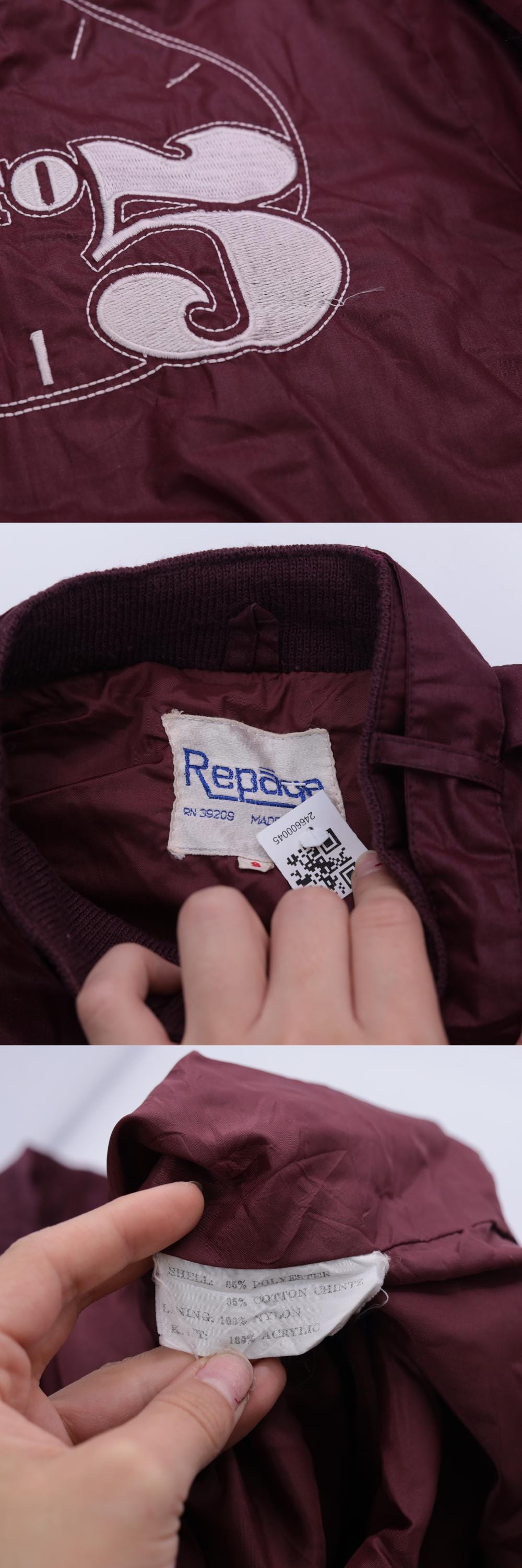 80s Burgundy Windbreaker Jacket 9 to 5 Clock Graphic Epaulette Zip-Up Small