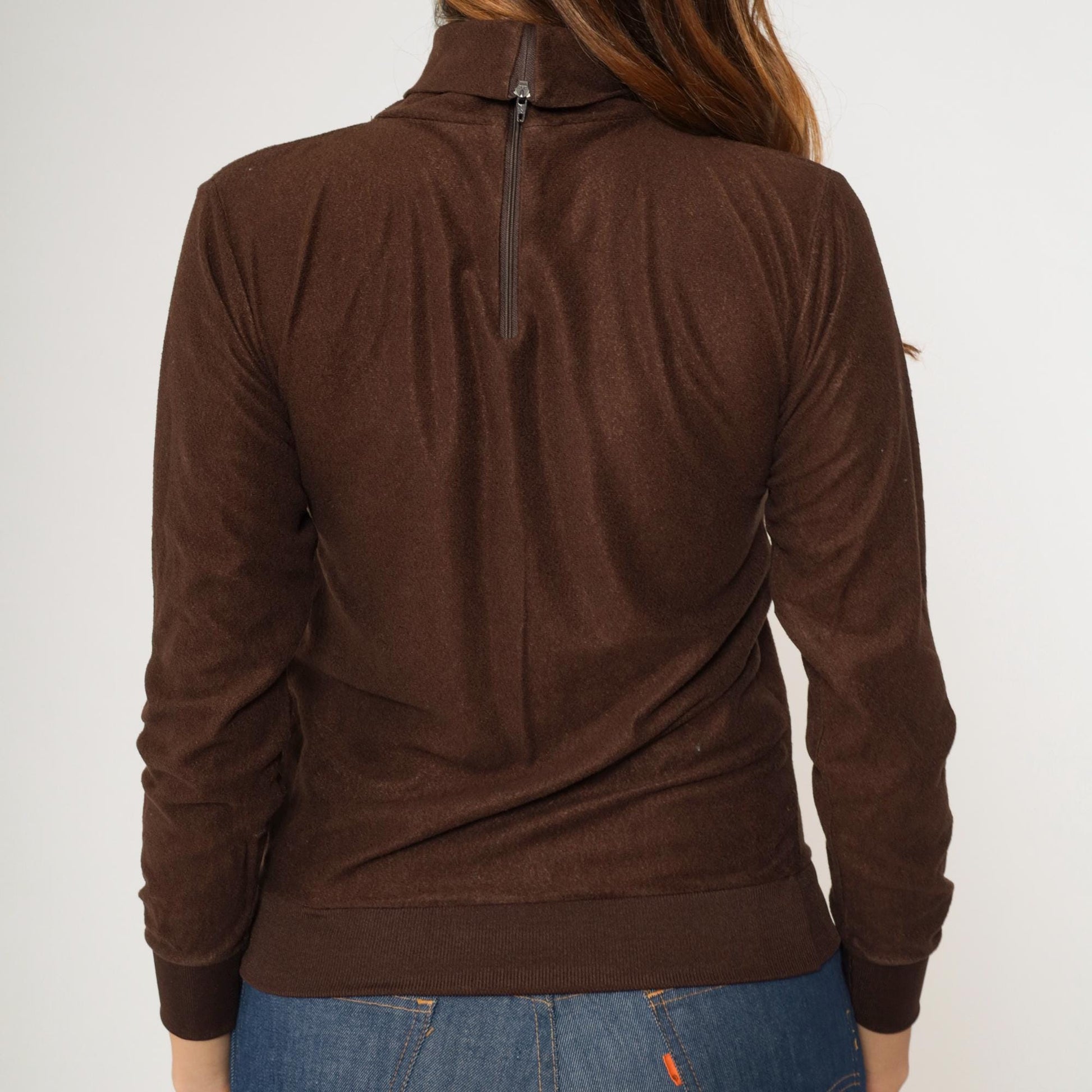 70s Brown Turtleneck Crop Top Long Sleeve Knit Shirt Extra Small XS
