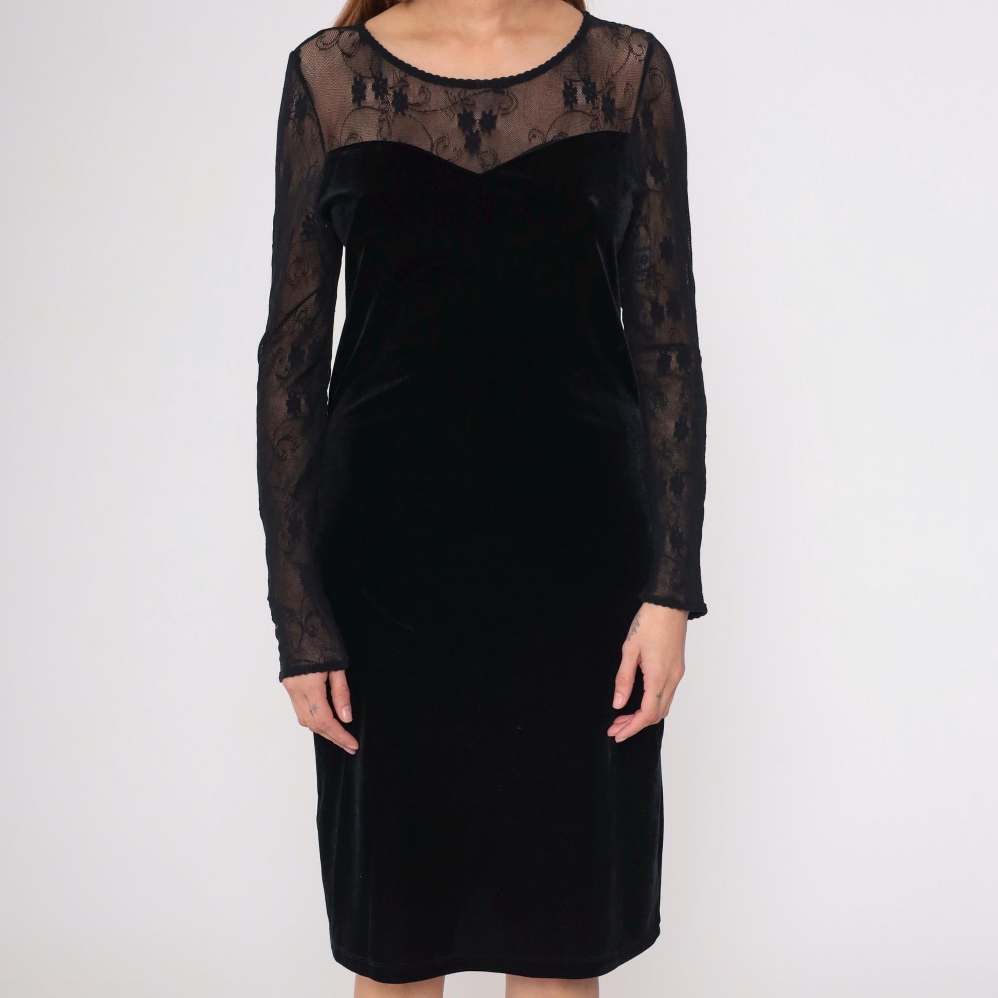 90s Black Velvet Bodycon Midi Dress Lace Illusion Neckline Large L
