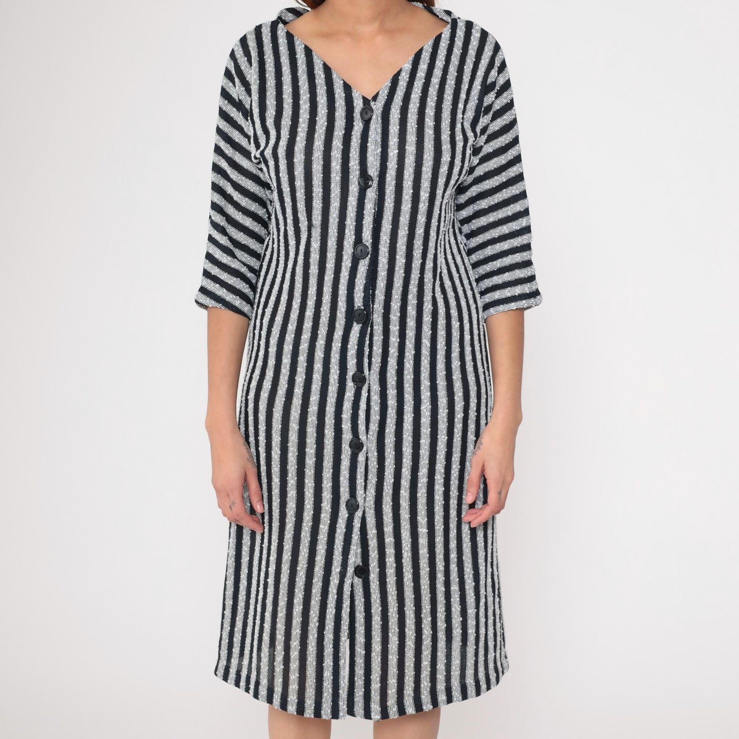 90s Black White Striped Knit Midi Shirtdress Dolman Sleeve V Neck Medium