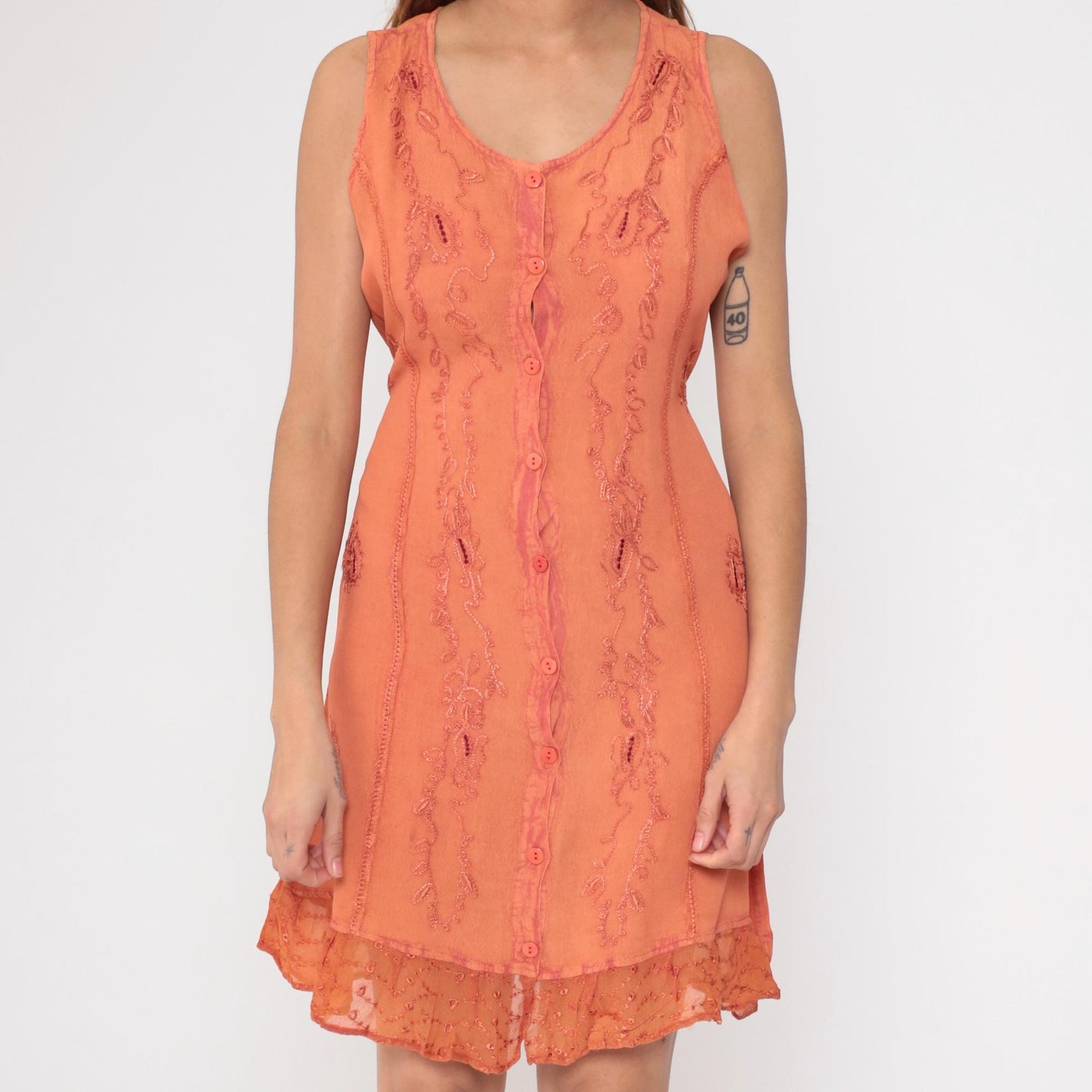 90s Kaaku Orange Paisley Embroidered Mini Dress Button Front Small Medium