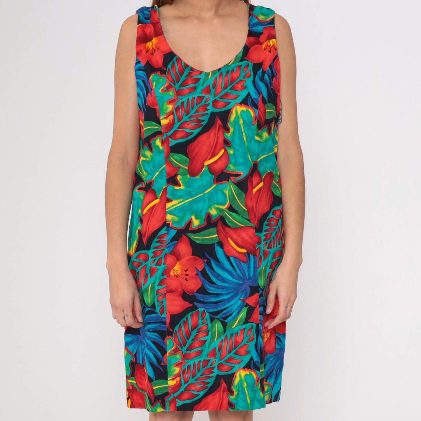90s Black Tropical Floral Shift Dress Knee Length Sleeveless Large L