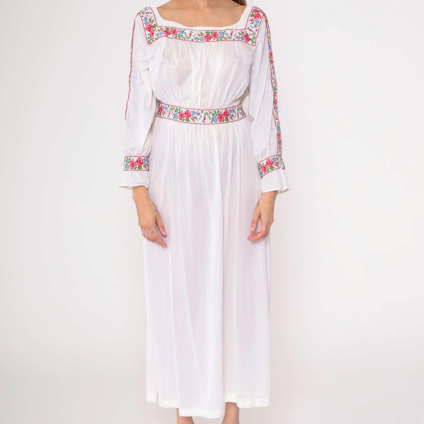 70s Sears Sheer White Floral Embroidered Maxi Nightgown High Waist Large