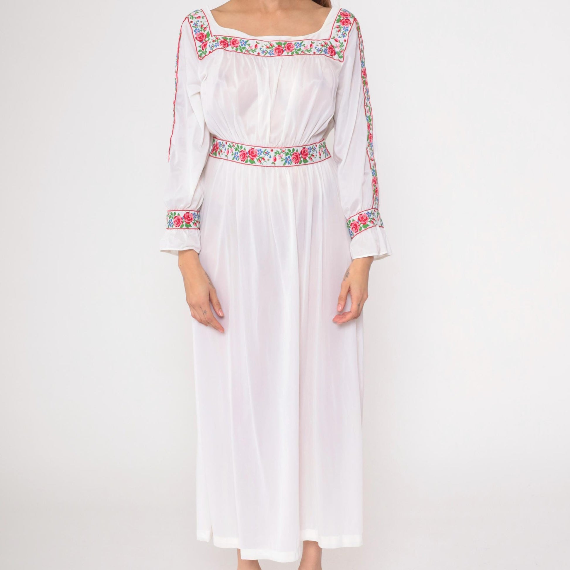 70s Sears Sheer White Floral Embroidered Maxi Nightgown High Waist Large