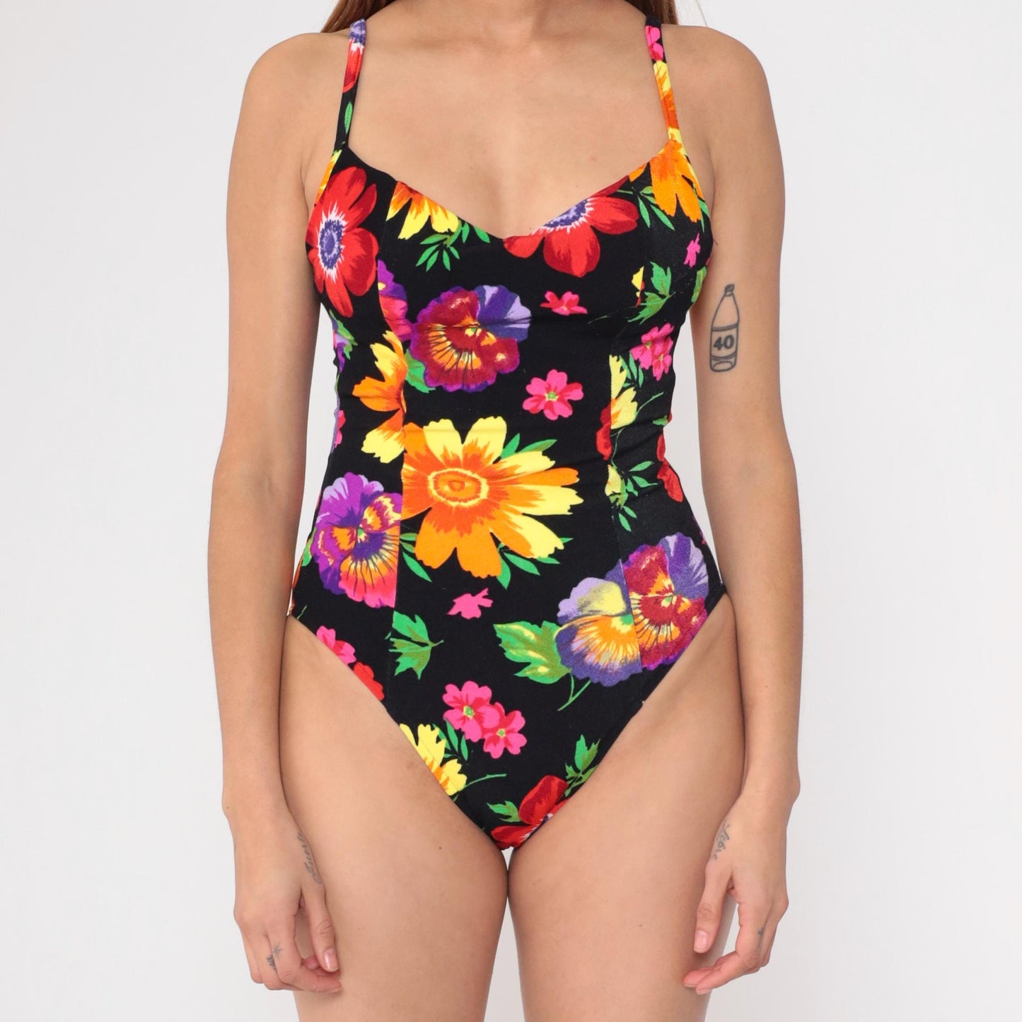 90s Floral One-Piece Swimsuit Black Scoop Back Tropical Print Small Medium