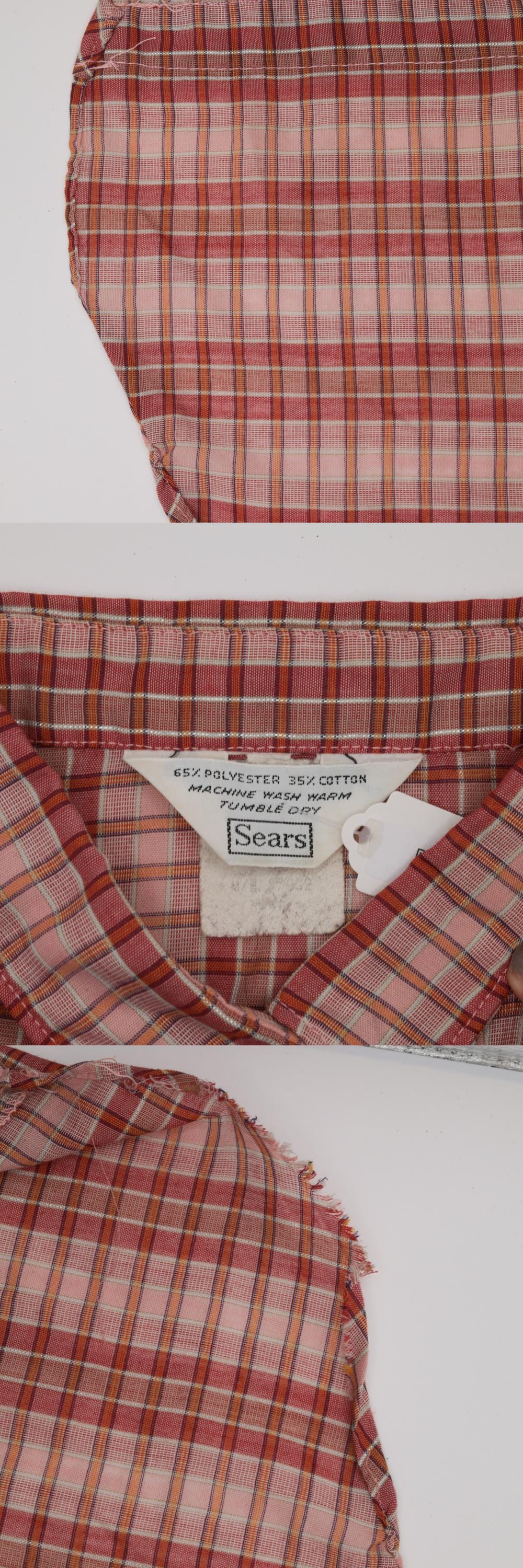 70s Pink Checkered Button-Up Blouse Long Sleeve Collar Sears Medium