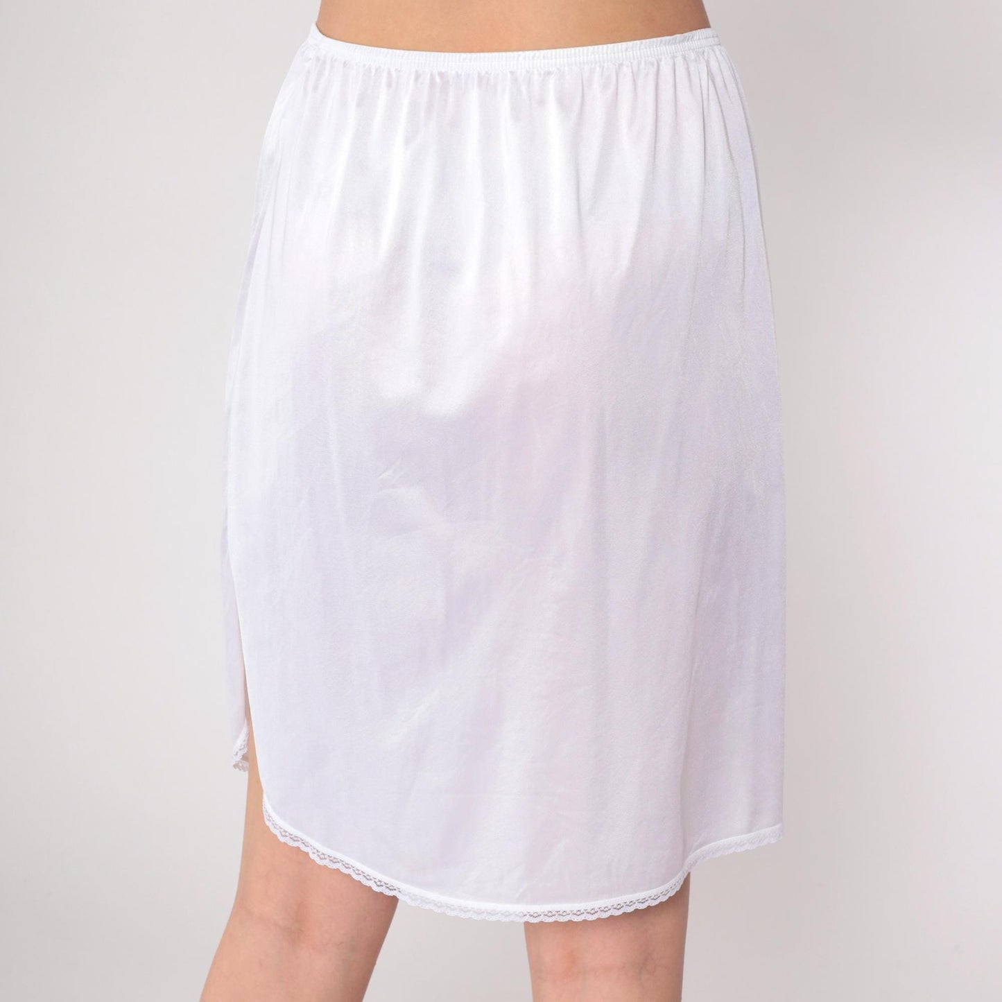 80s Vanity Fair White Nylon Slip Skirt Mini Lace Trim Medium