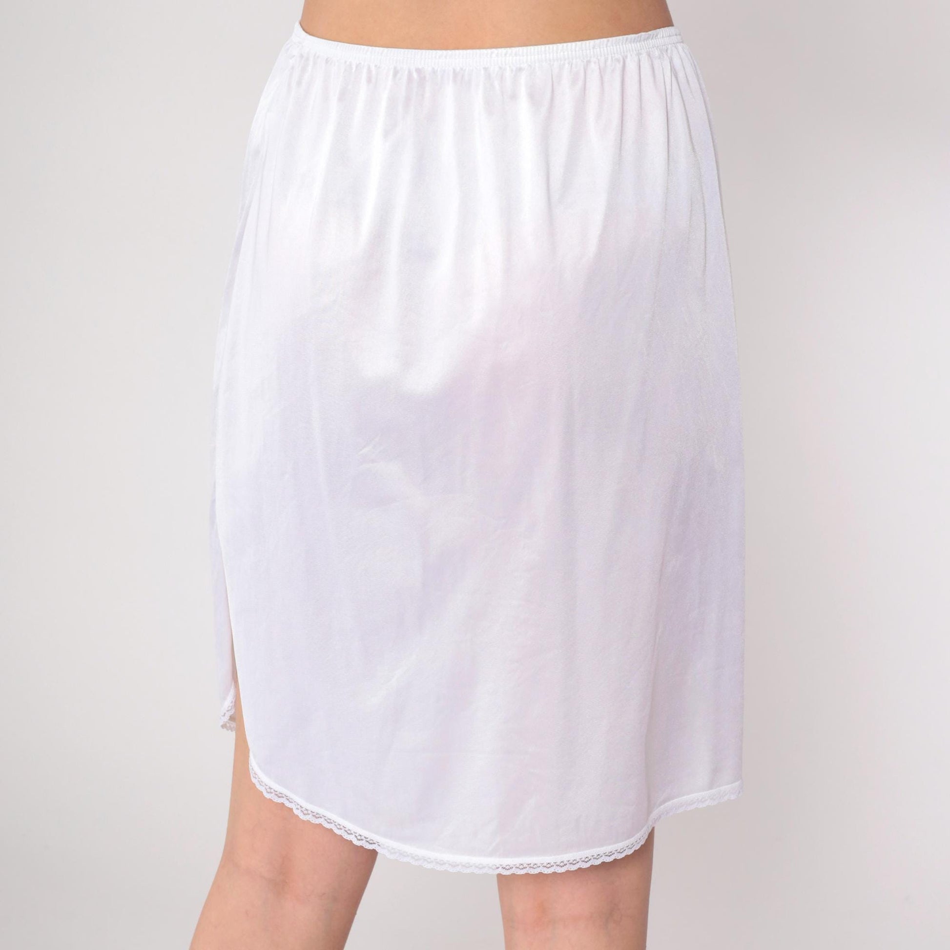 80s Vanity Fair White Nylon Slip Skirt Mini Lace Trim Medium