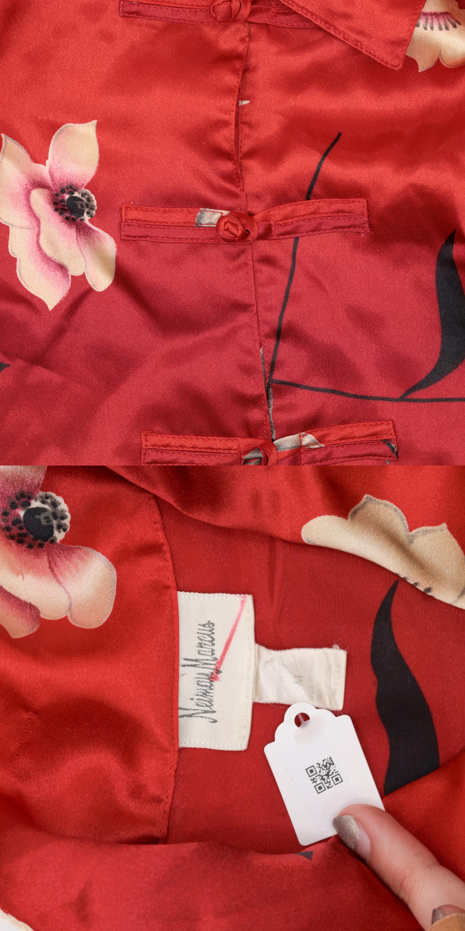 90s Neiman Marcus Red Floral Satin Blouse Frog Closures Ombre Medium
