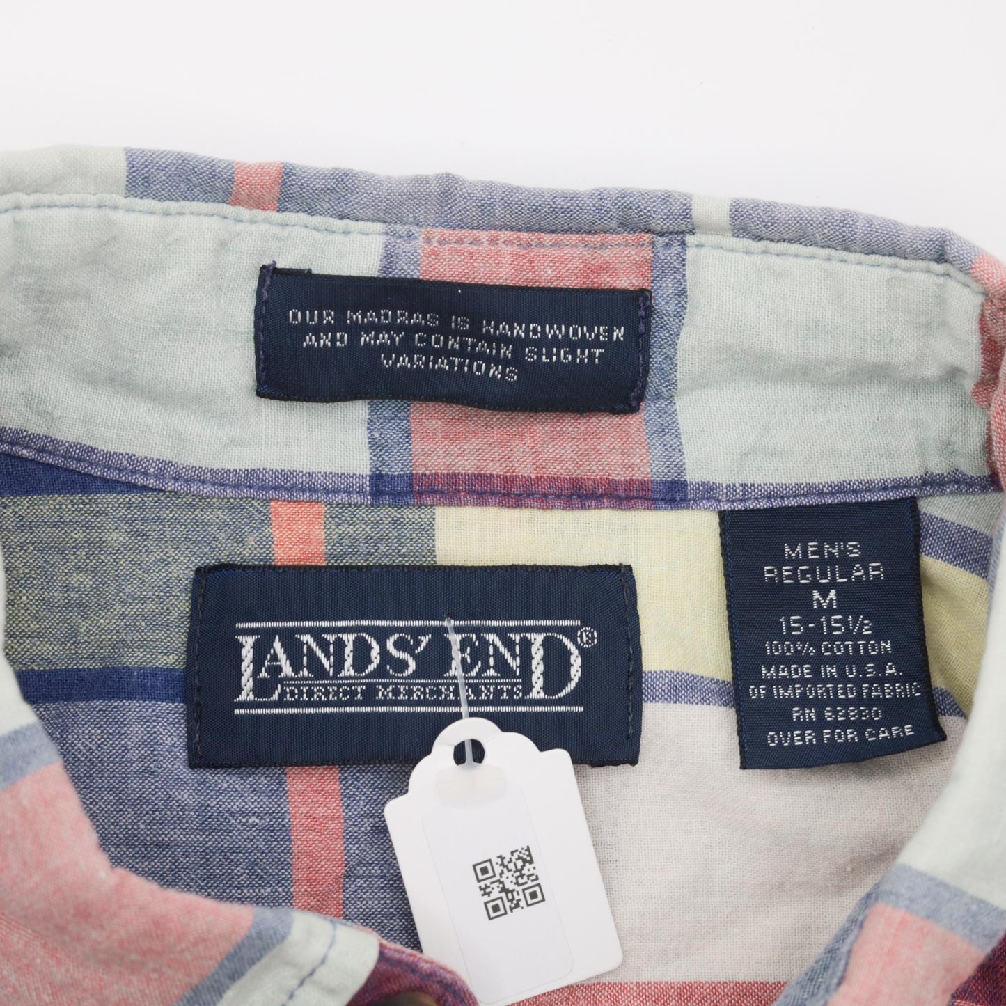 90s Lands End Plaid Button Up Shirt Blue Red Check Short Sleeve Medium