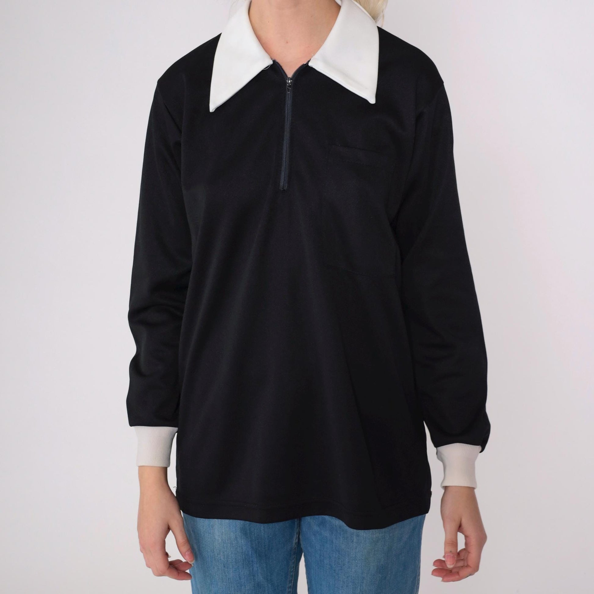 70s Black White Dagger Collar Zip Shirt Quarter Zipper Mod Top Medium