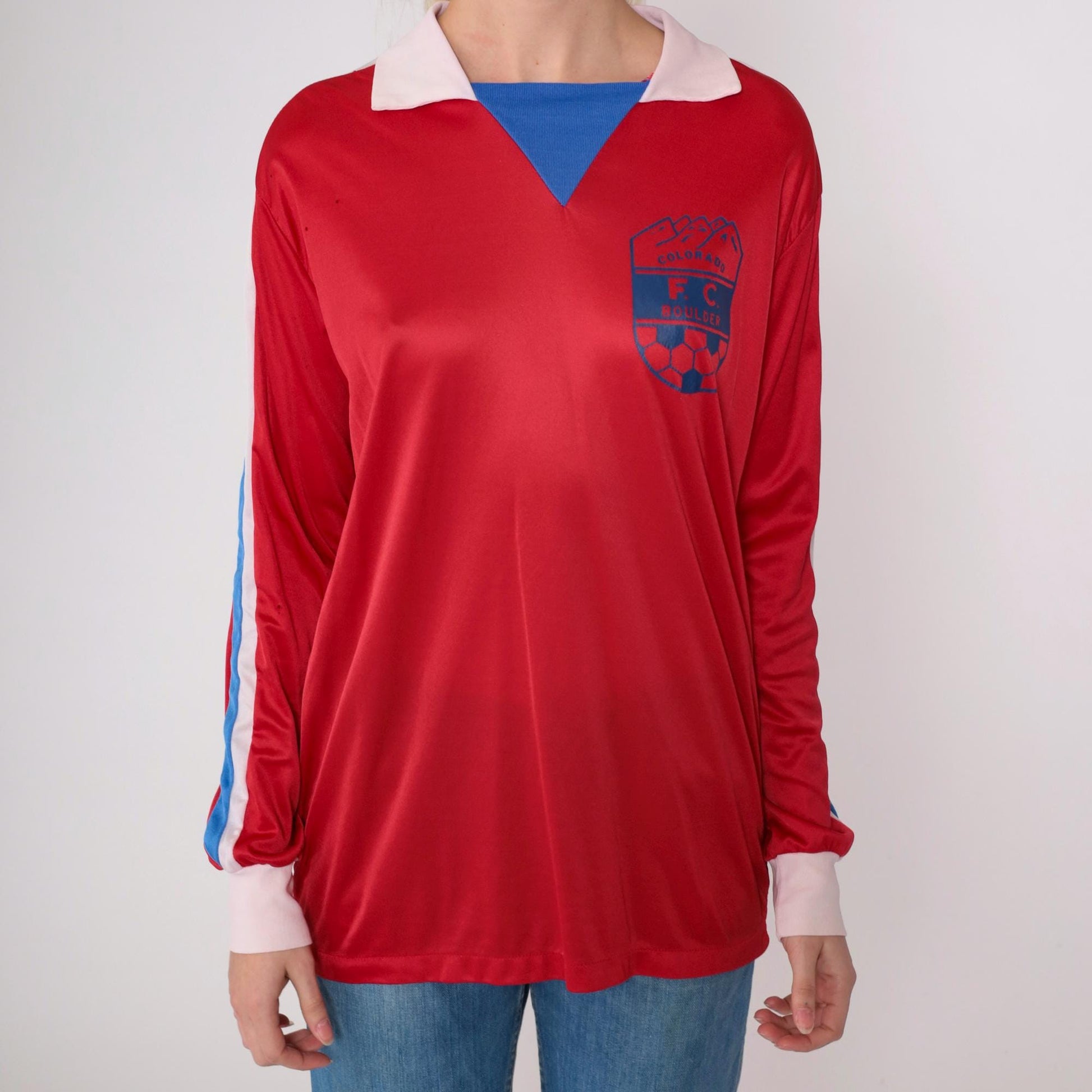 80s Colorado FC Boulder Soccer Jersey Red Blue Striped Long Sleeve Medium