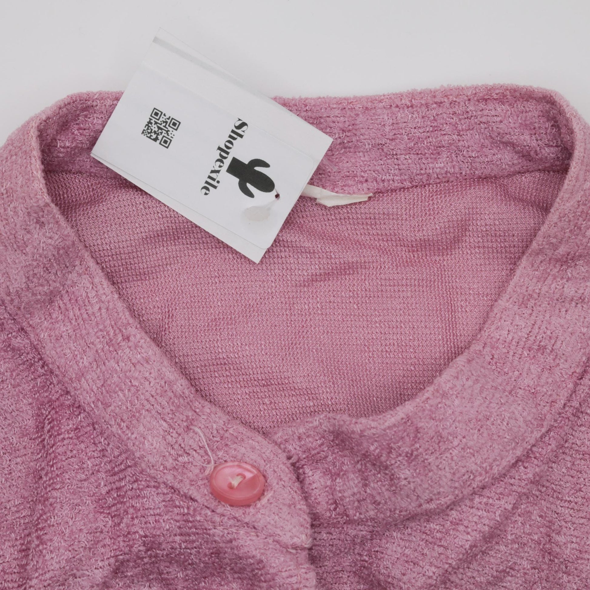 70s Pink Terry Cloth Midi Dress Mandarin Collar Button Up Half Sleeve Extra Small