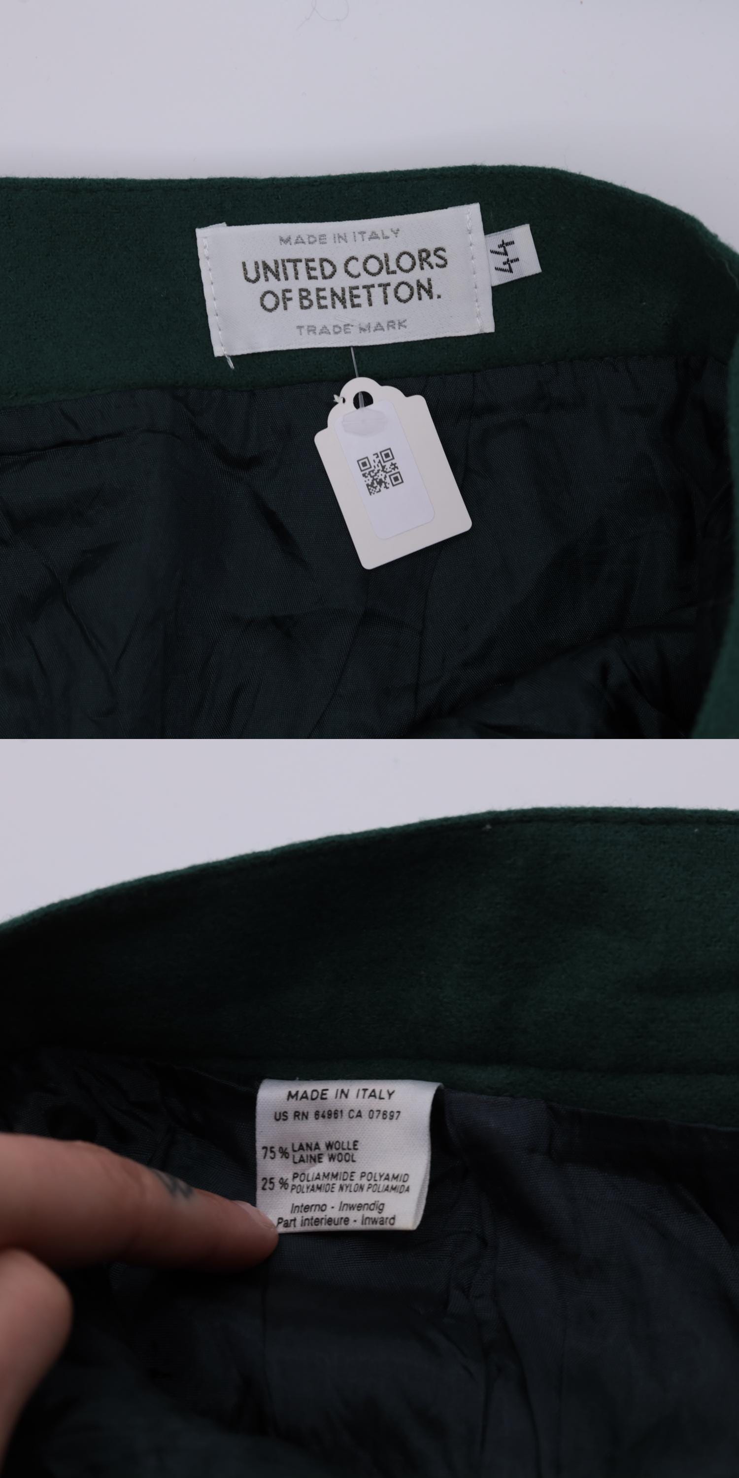 90s United Colors of Benetton Forest Green Wool Mini Pencil Skirt Small