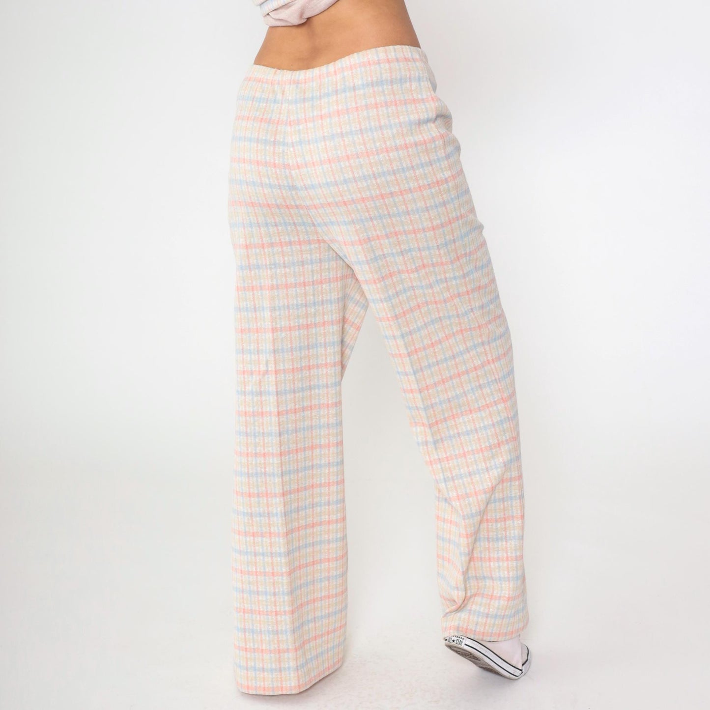 70s Pink Blue Checkered Two Piece Set Wide Leg Pants Blouse Large L