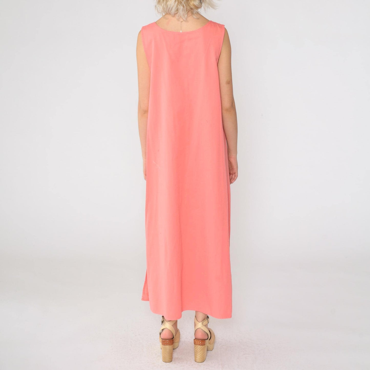 90s Pink Floral Embroidered Cotton Maxi Dress Sleeveless Large L