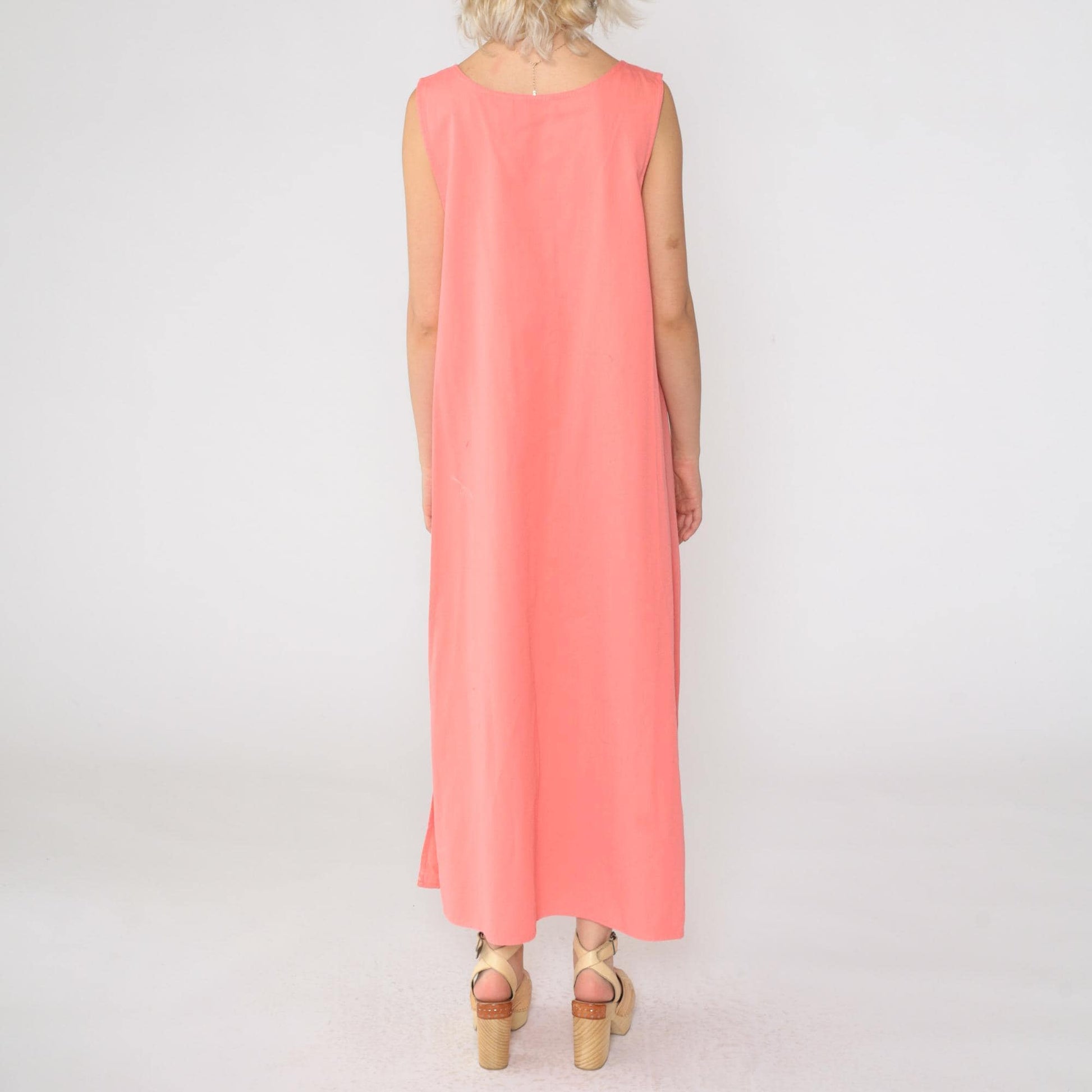90s Pink Floral Embroidered Cotton Maxi Dress Sleeveless Large L