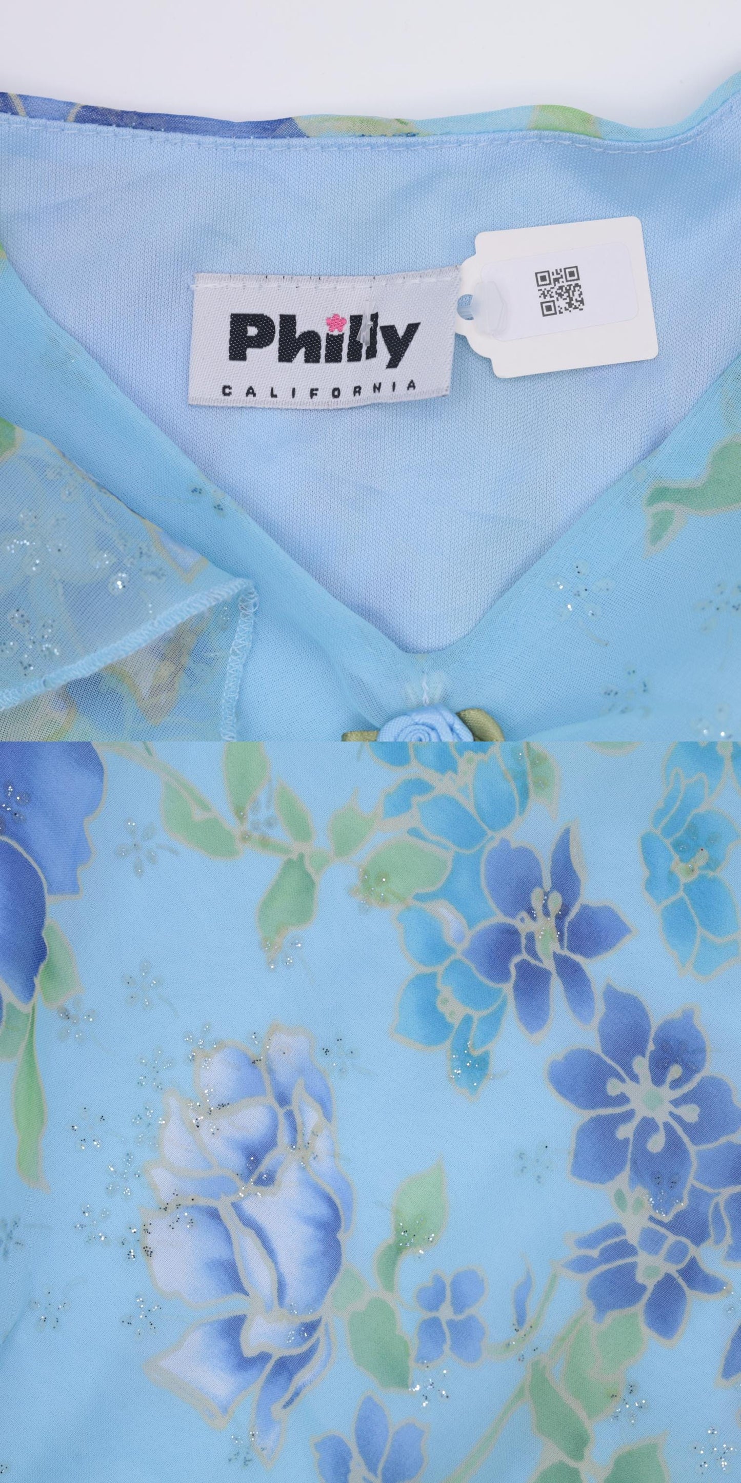90s Blue Sparkly Floral Midi Dress Asymmetrical V-Neck Flutter Sleeve Small