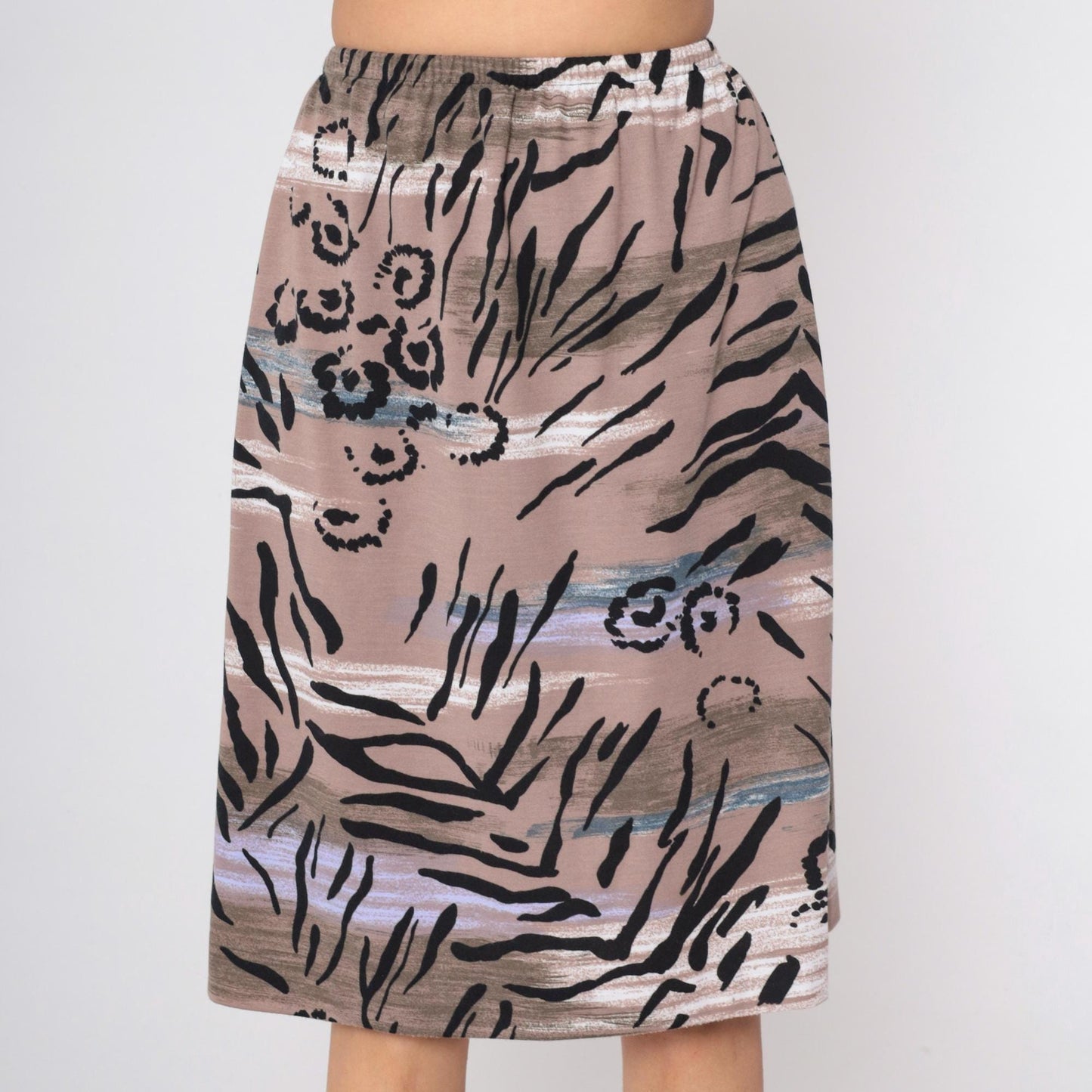 90s Abstract Floral Midi Skirt High Waist Tropical Leaf Print Taupe Small