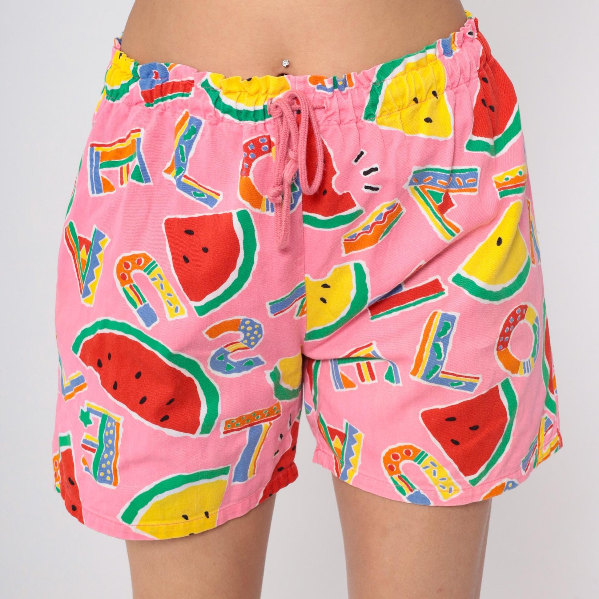 90s Tropical Watermelon Alphabet Print Shorts Pink Drawstring Small Medium