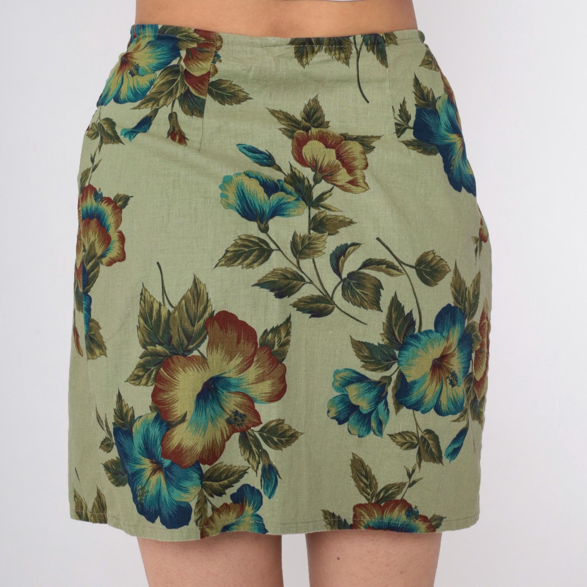 90s Express Tropical Floral Wrap Skirt Green Mini Linen Cotton Small