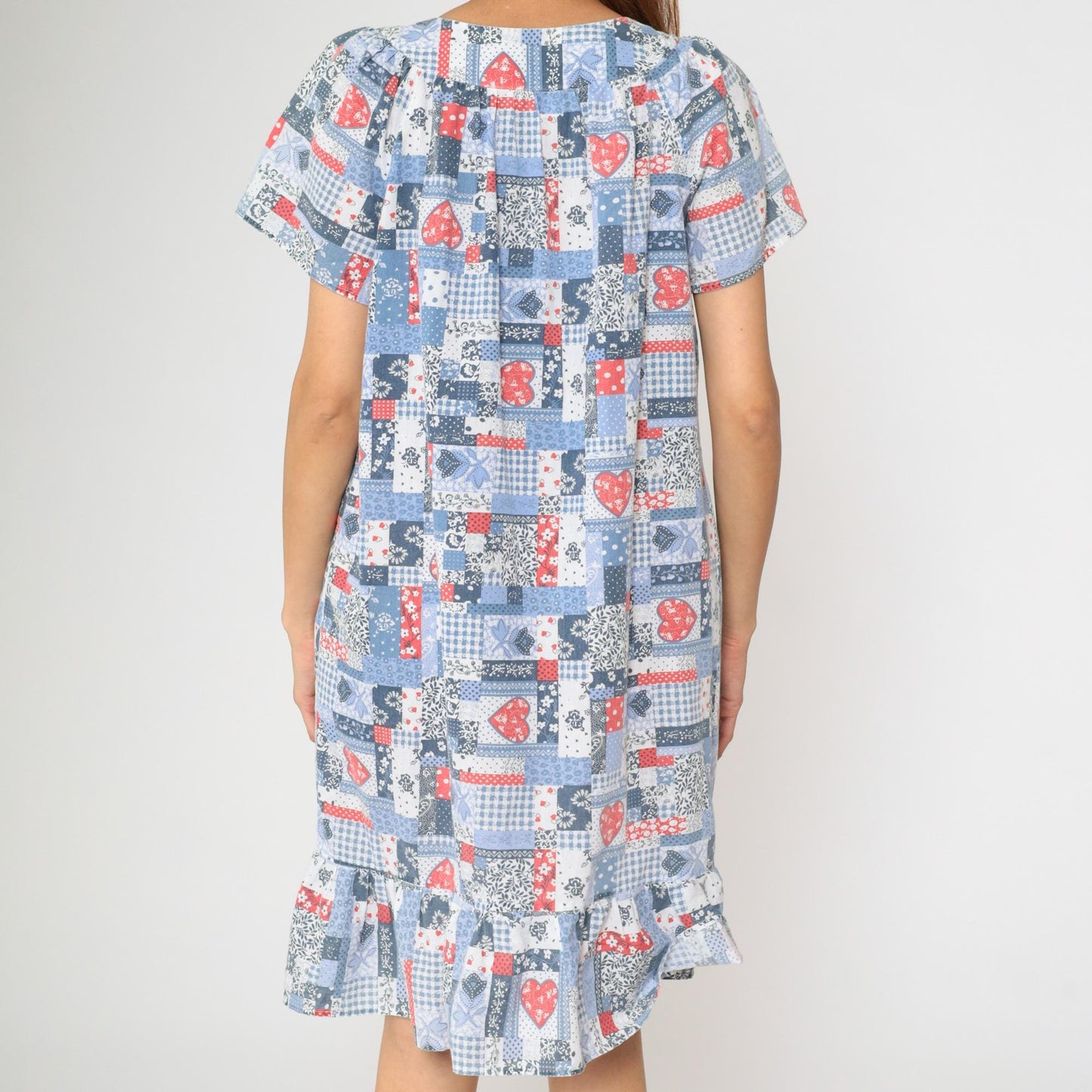 80s Patchwork Floral Heart Print Midi Dress Red White Blue V-Neck Large