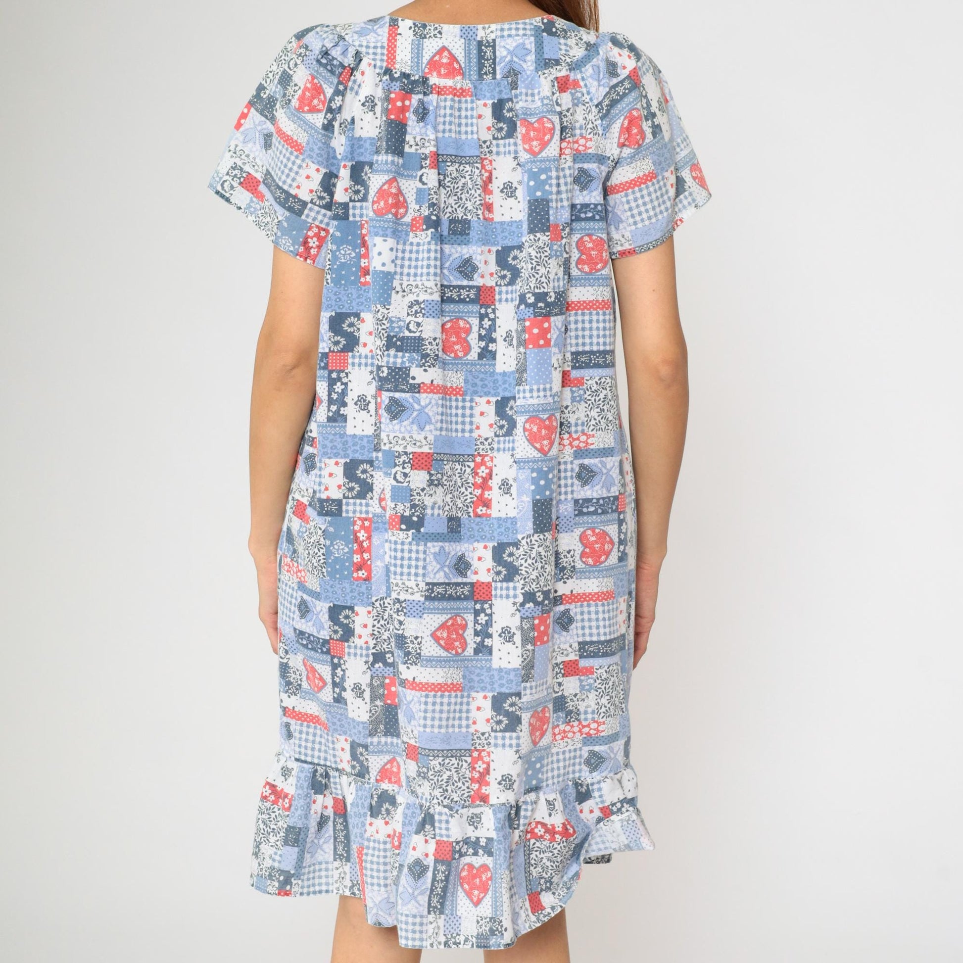 80s Patchwork Floral Heart Print Midi Dress Red White Blue V-Neck Large