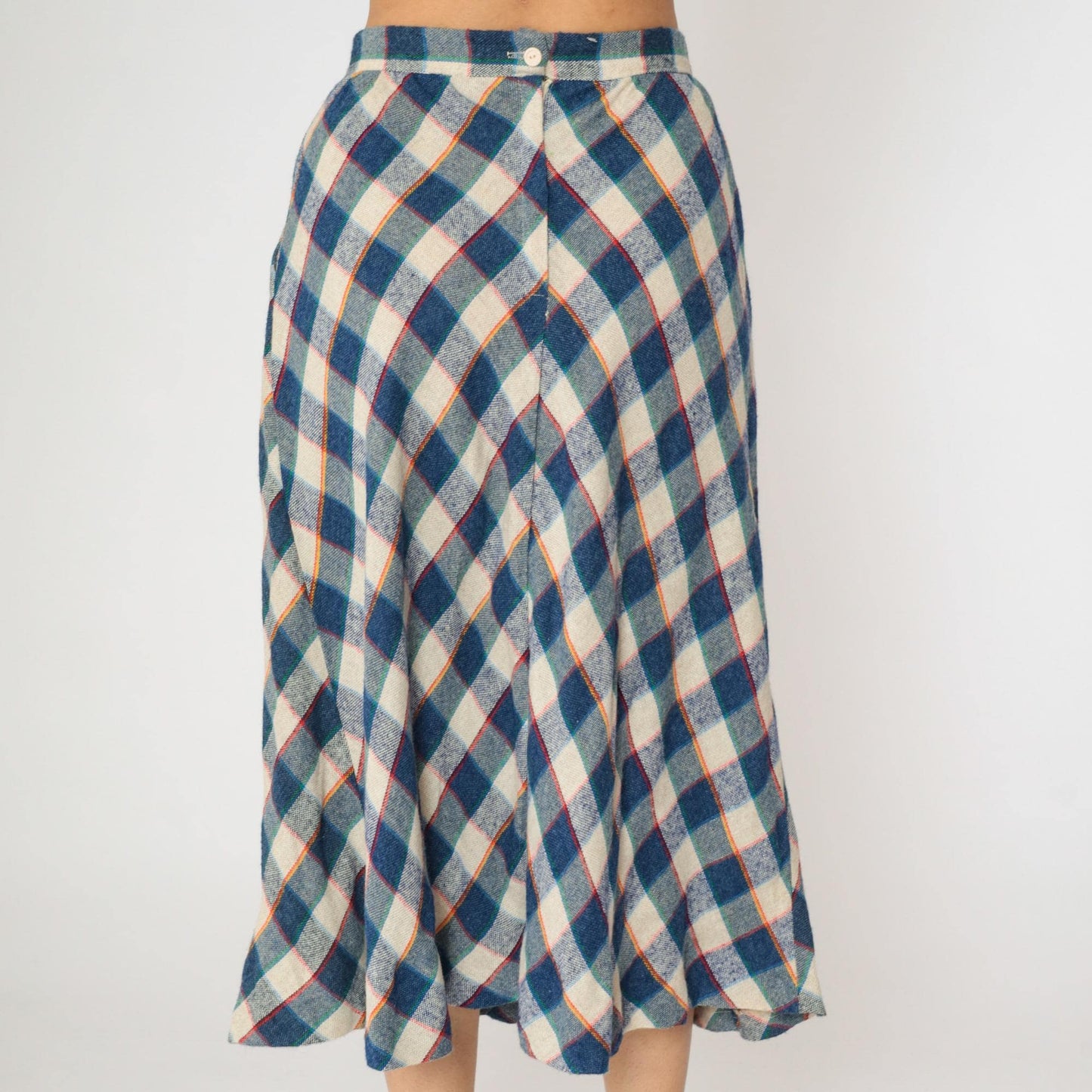 80s Blue Cream Checkered Skirt High Waist Knee Length Medium