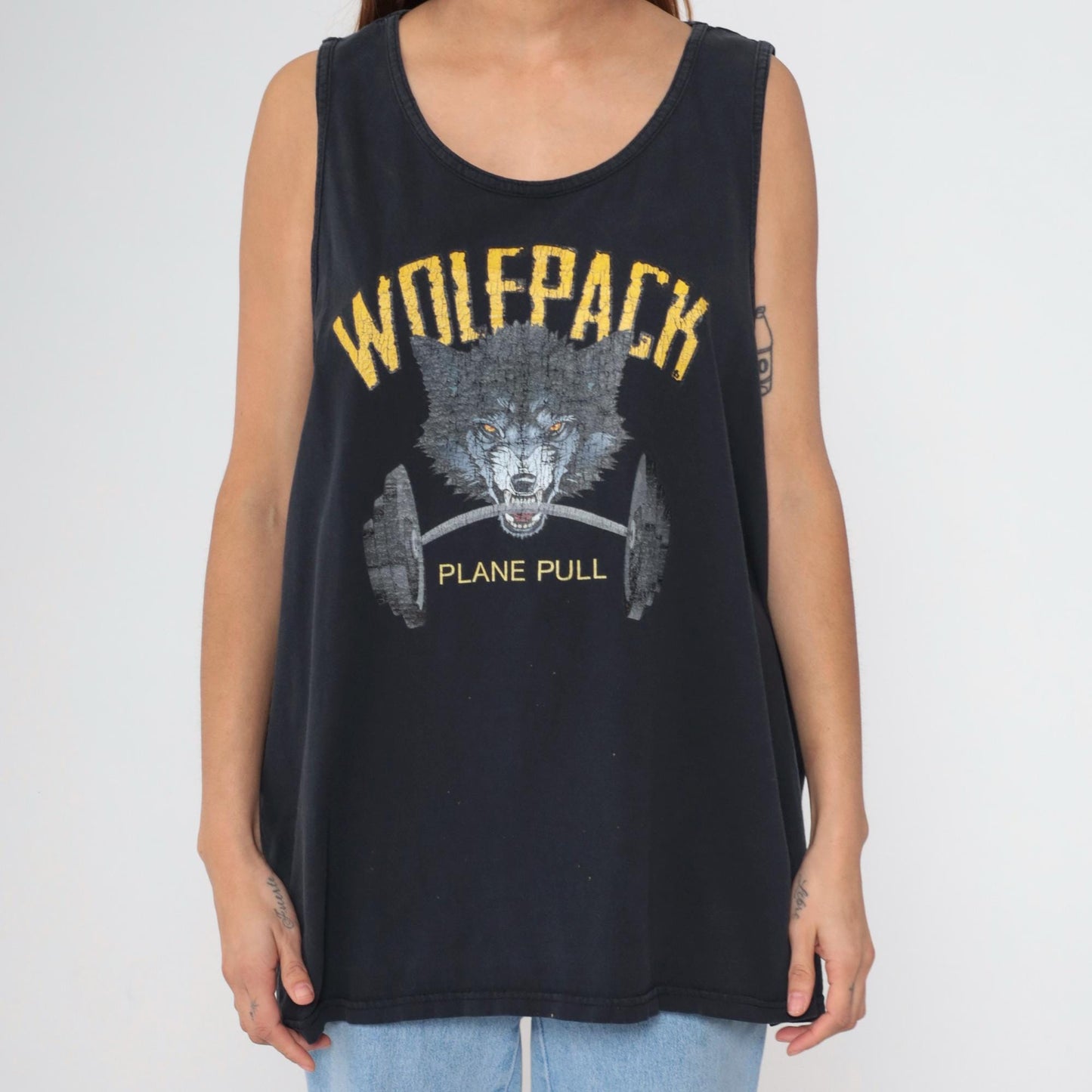 90s Wolfpack Plane Pull Wolf Graphic Tank Top Black Distressed XXL