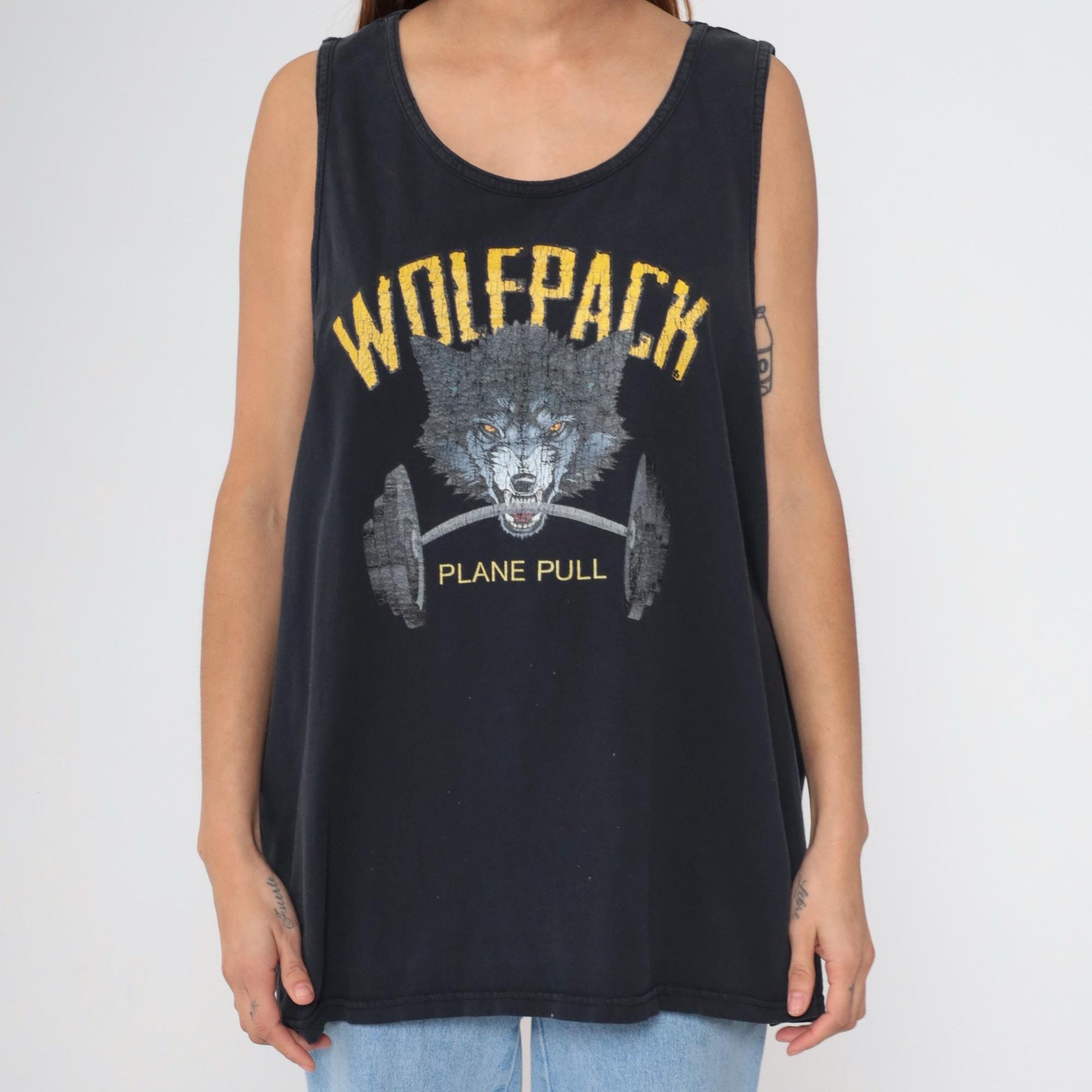 90s Wolfpack Plane Pull Wolf Graphic Tank Top Black Distressed XXL