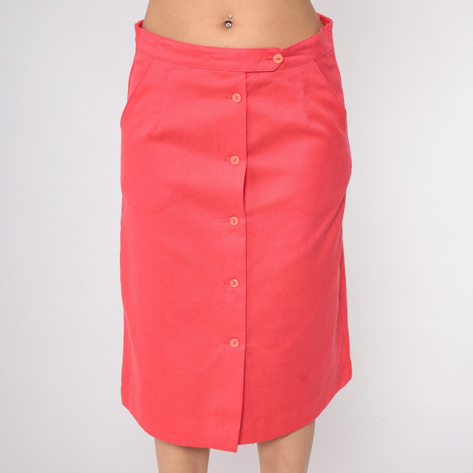 70s Sears Button-Front Midi Skirt Coral Pink High Waist Medium