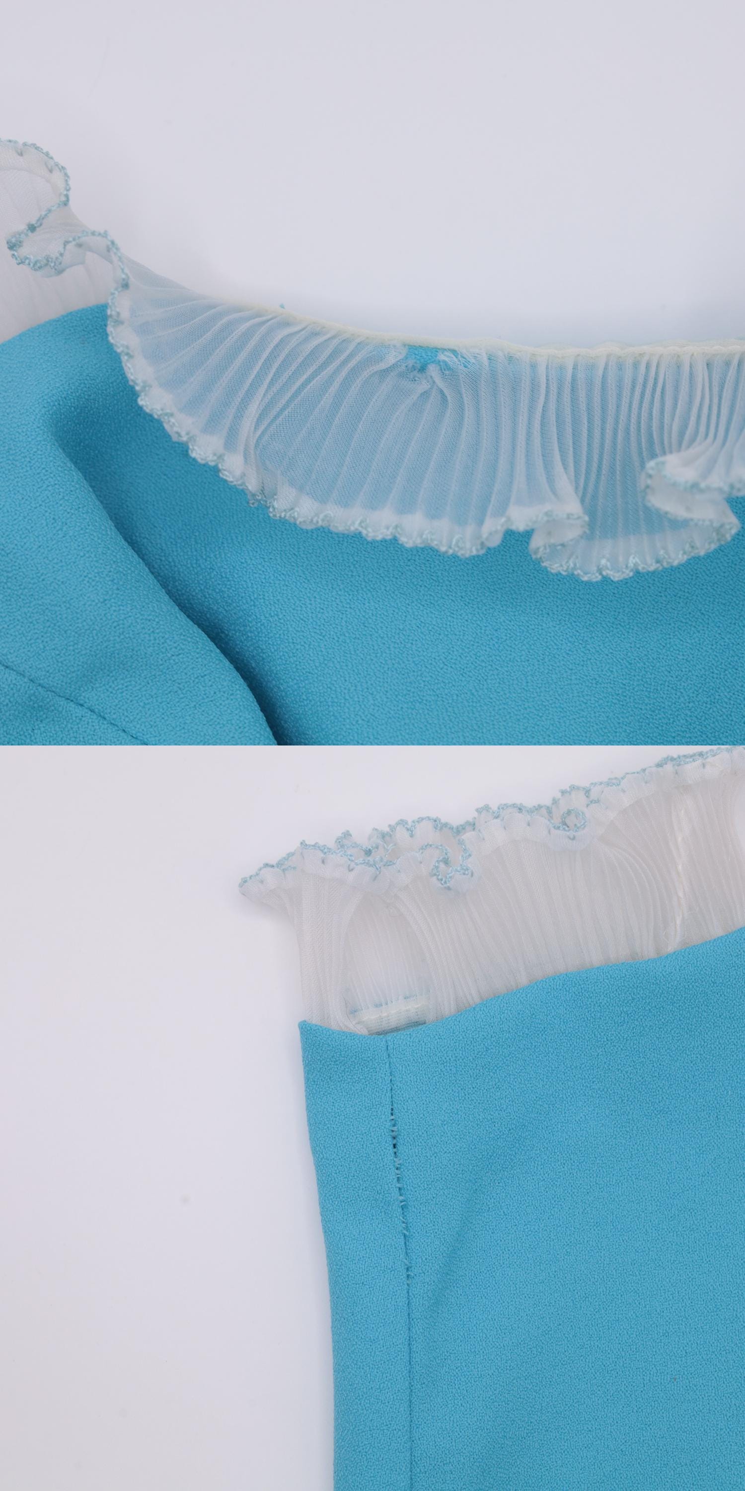 70s Babydoll Mini Dress Blue Empire Waist Ruffled V-Neck Long Sleeve Small