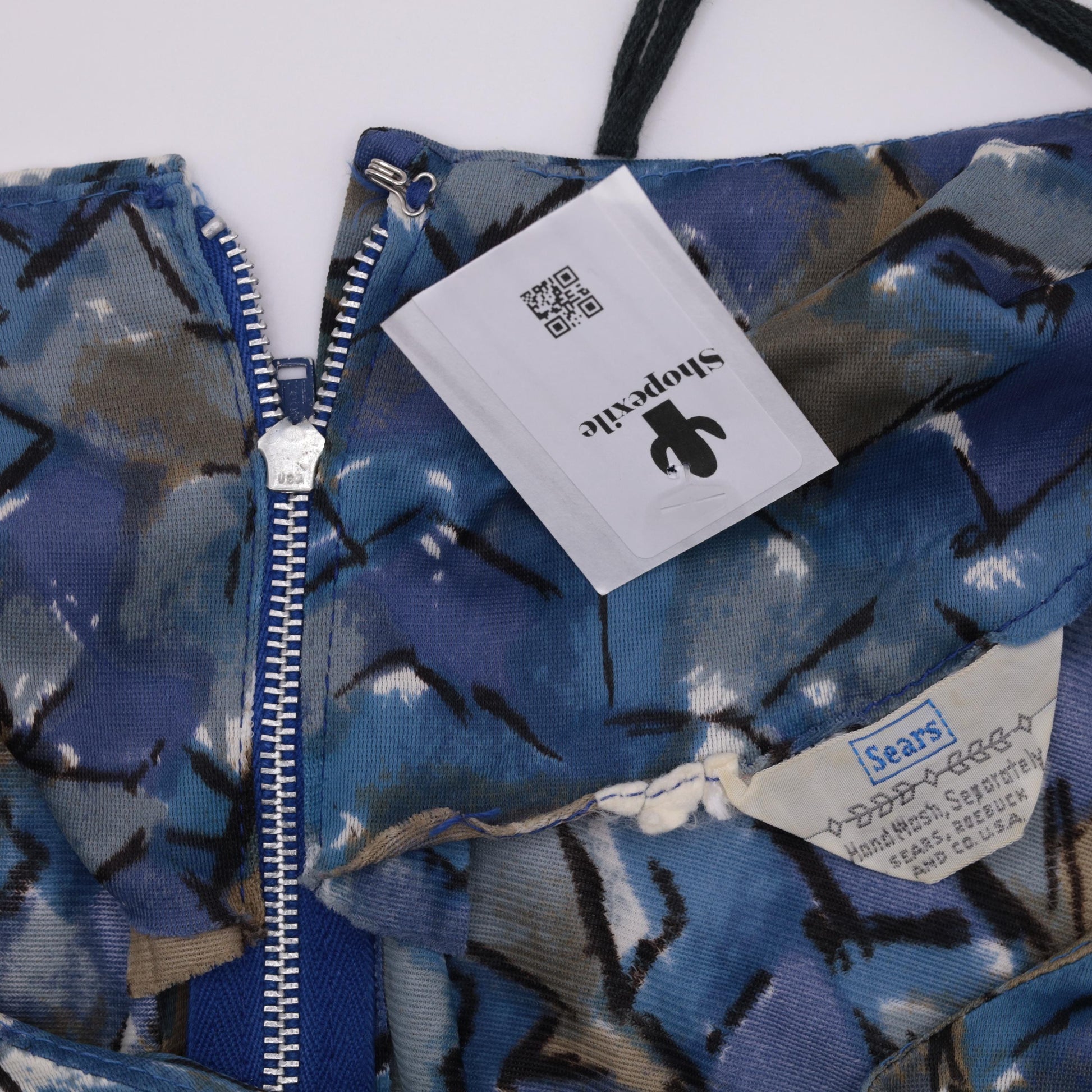 60s Sears Abstract Mosaic Midi Dress High Waisted Pleated Blue Geometric Small