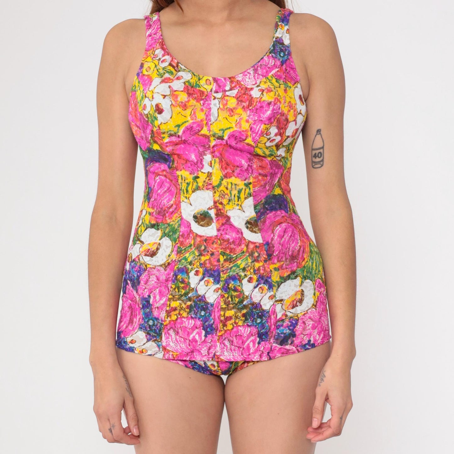 60s Rose Marie Reid One-Piece Bathing Suit Lace Floral Low Back Pink Yellow Small Medium
