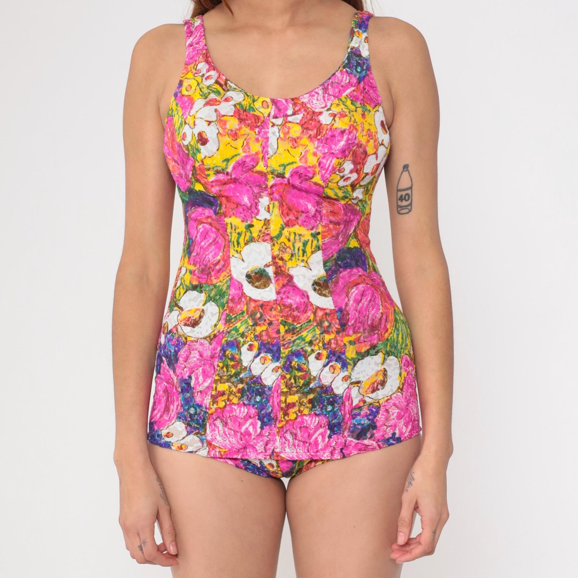 60s Rose Marie Reid One-Piece Bathing Suit Lace Floral Low Back Pink Yellow Small Medium