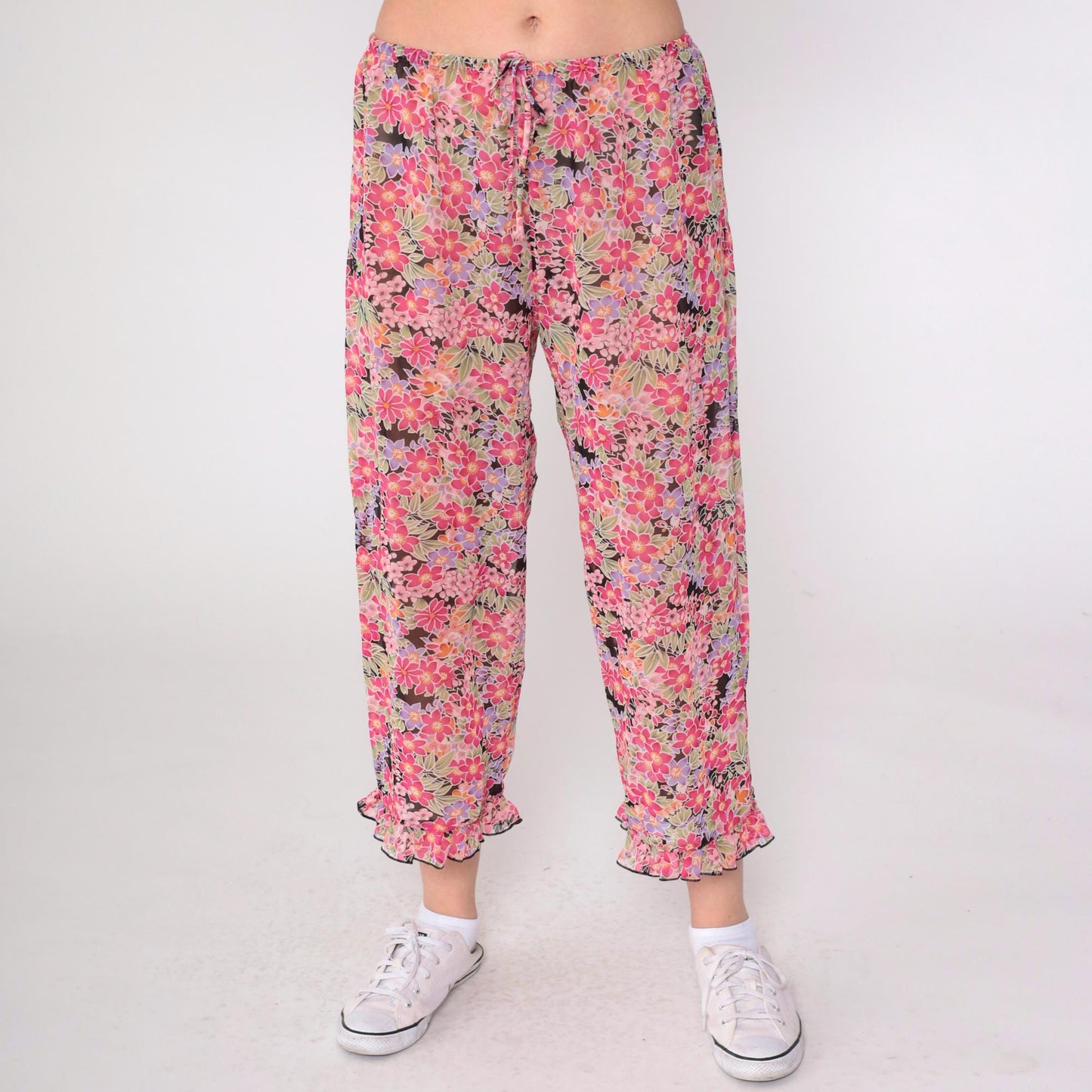 90s Sheer Floral Pink Cropped Trousers Ruffled Hem Drawstring Small