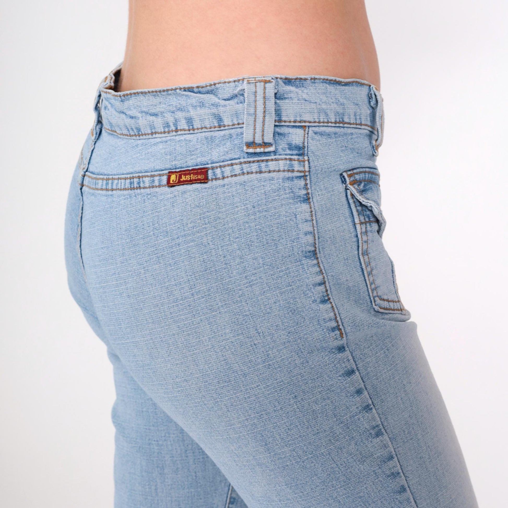 Y2K Low Rise Flared Jeans Blue Denim Patch Pocket 00s Bell Bottom Small 5
