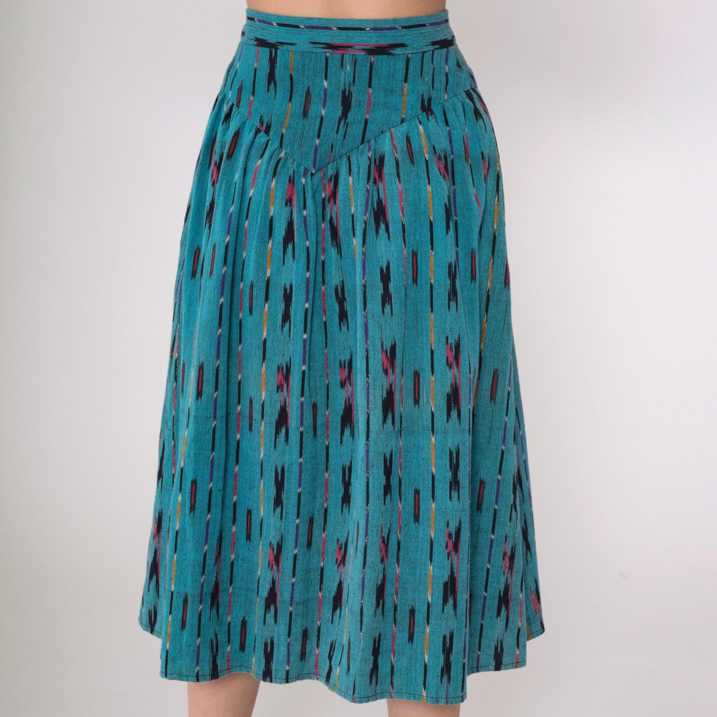 90s Teal Ikat Midi Skirt Button Front High Waist Southwestern Extra Small