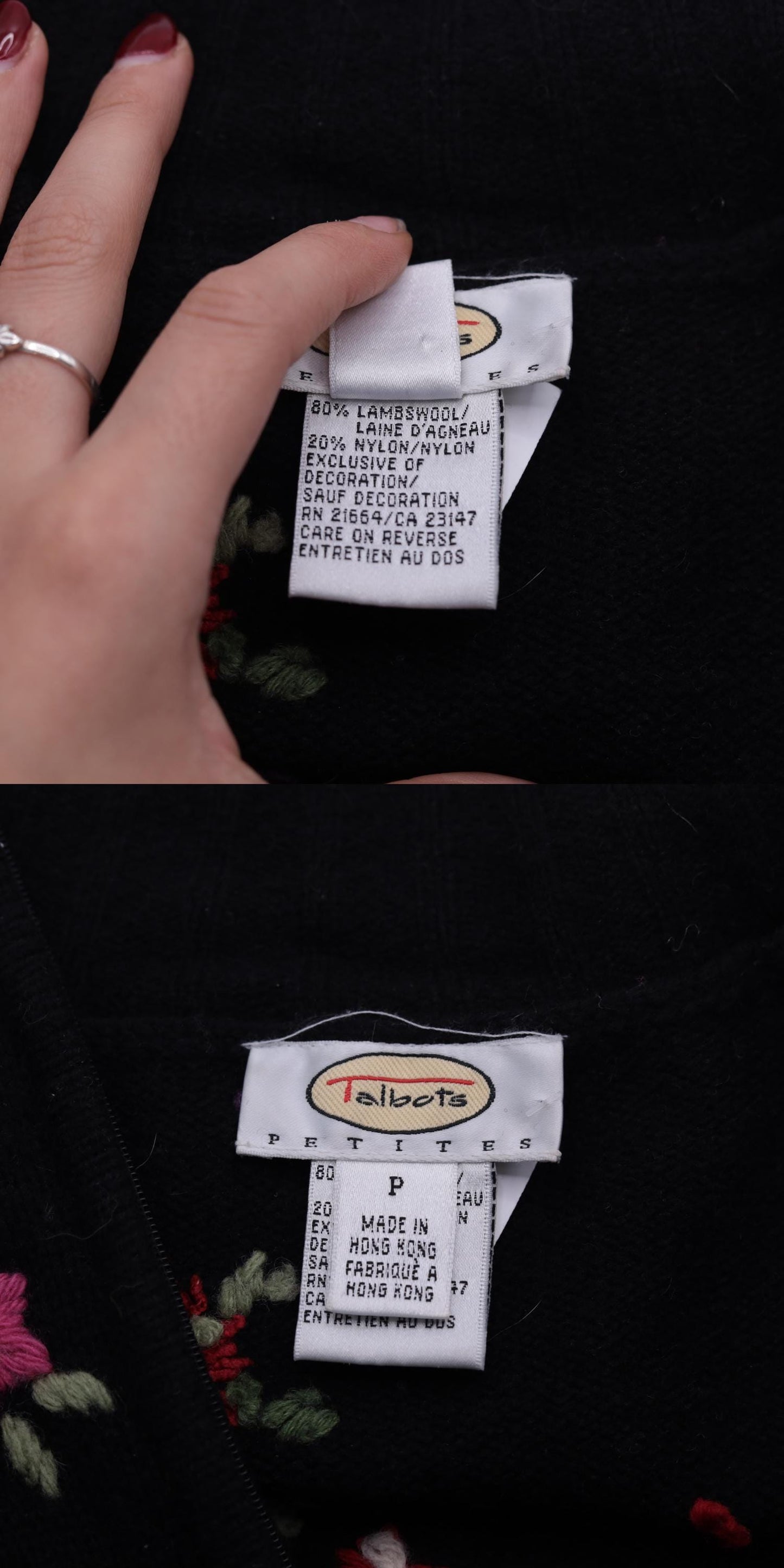 Y2K Talbots Floral Embroidered Cardigan Black Lambswool Mock Neck Zip Small