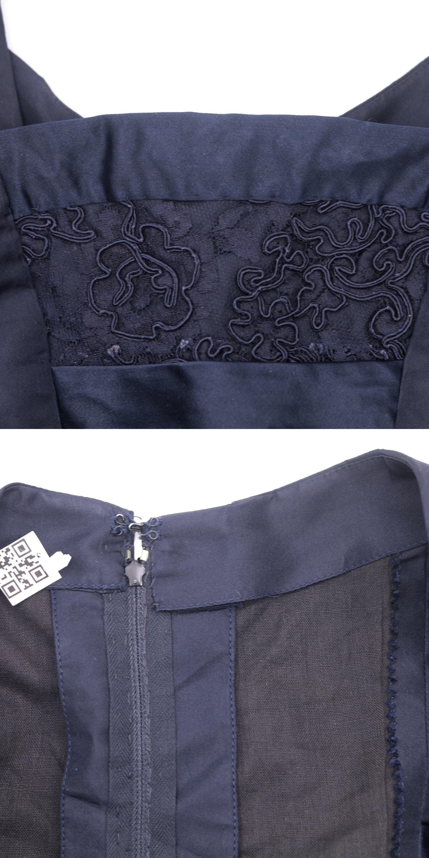 1950s Navy Cocktail Dress Soutache Lace Square Neckline Bow Back Knee-Length Extra Small