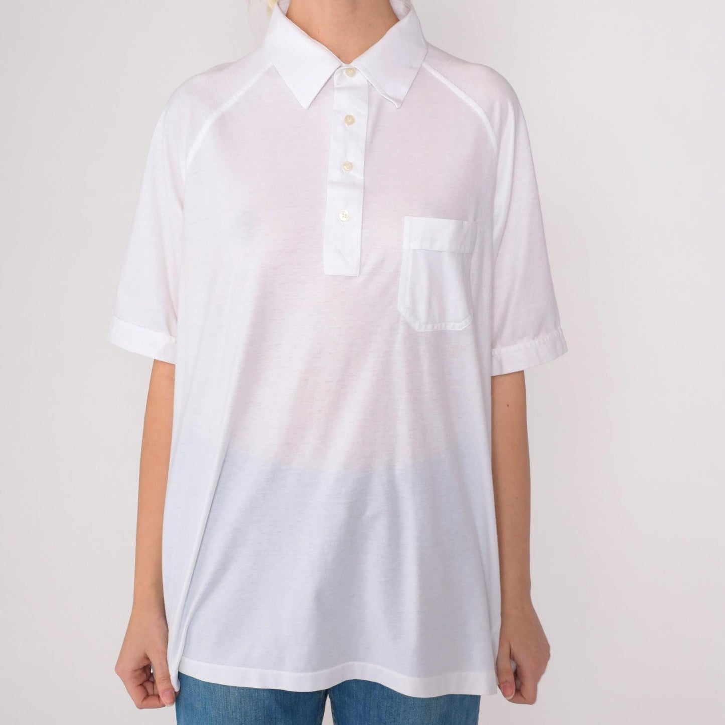 80s Tournament White Polo Shirt Raglan Sleeve Collared Large