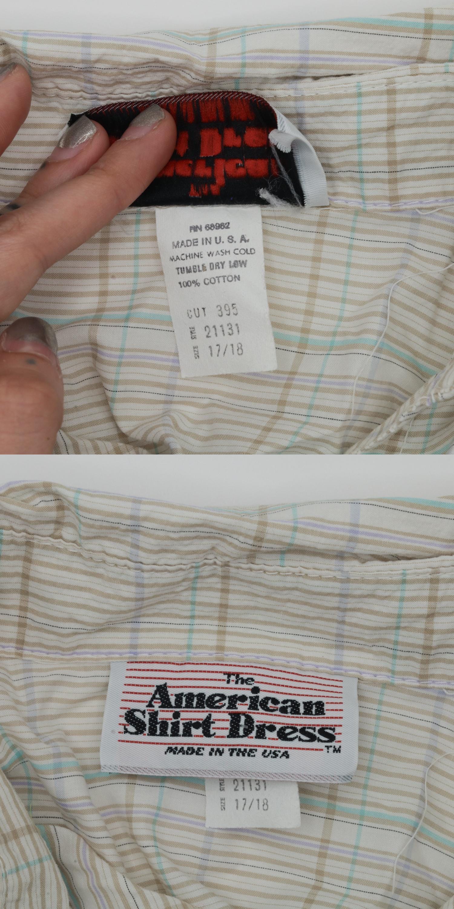 80s American Shirt Dress Plaid Midi Button-Up White Tan Aqua Cotton Medium Large