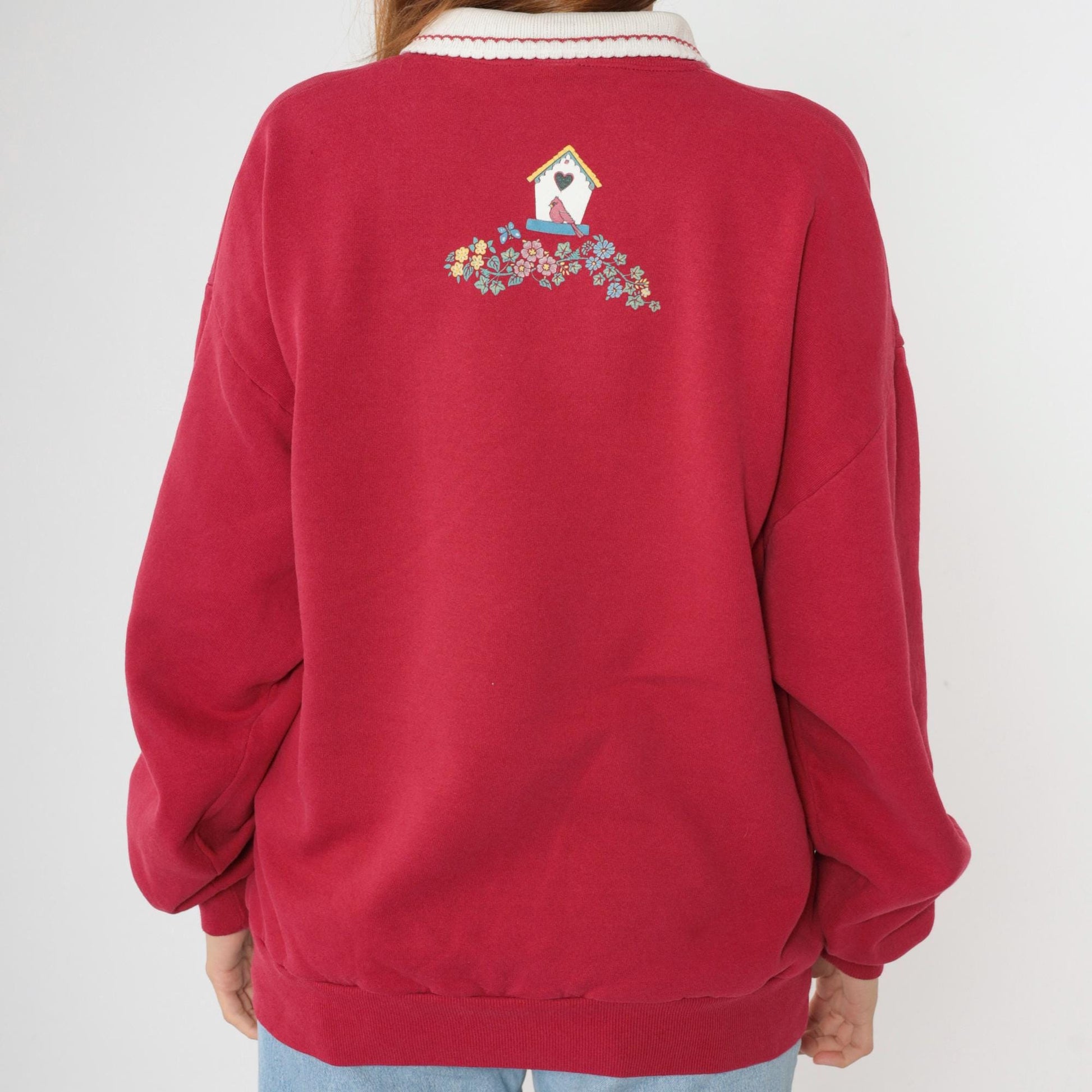 90s Morning Sun Red Birdhouse Collared Sweatshirt Graphic Jumper Extra Large