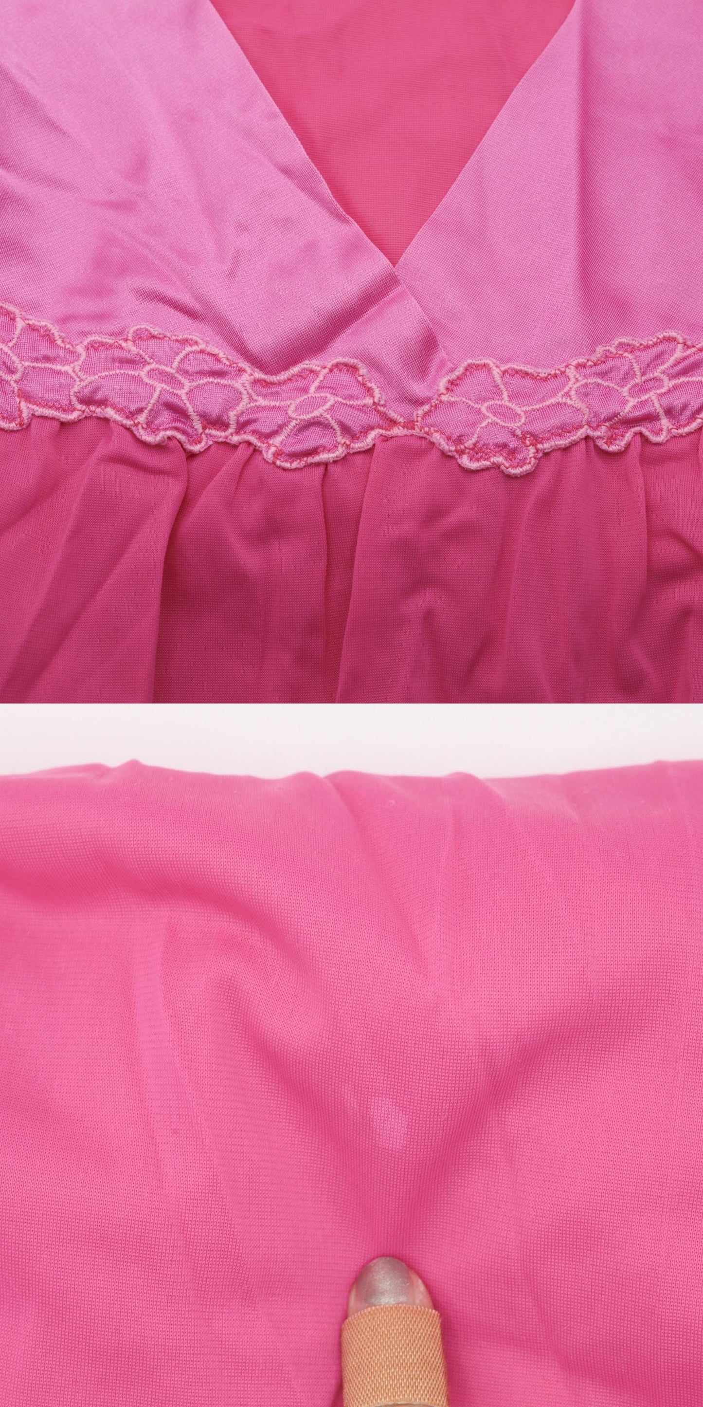 80s Hot Pink Floral Embroidered Nightgown Knee-Length Shift V-Neck Large L